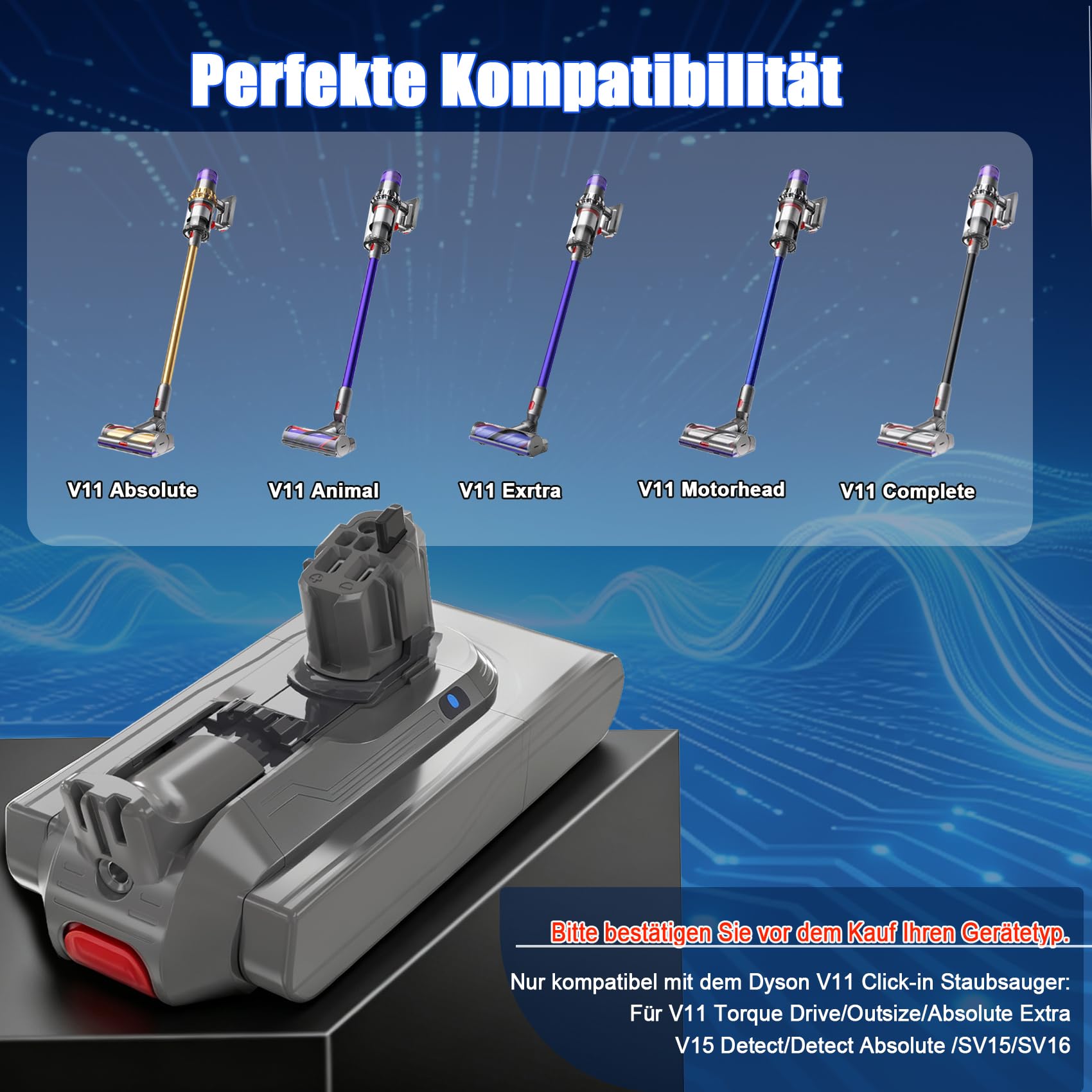 V11 Click-in Akku, Ersatzakku für Dyson V11 SV22 SV15 mit 2 Filtern