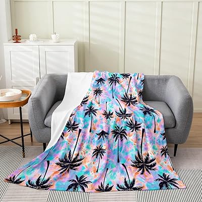 Erosebridal Tropical Tree Fleece Blanket, Hawaiian Coconut Palm Tree Fuzzy Blanket for Adult Teens Kids, Watercolor Tie Dye Throw Blanket, Summer Colorful Beach Flannel Blanket, Baby Size