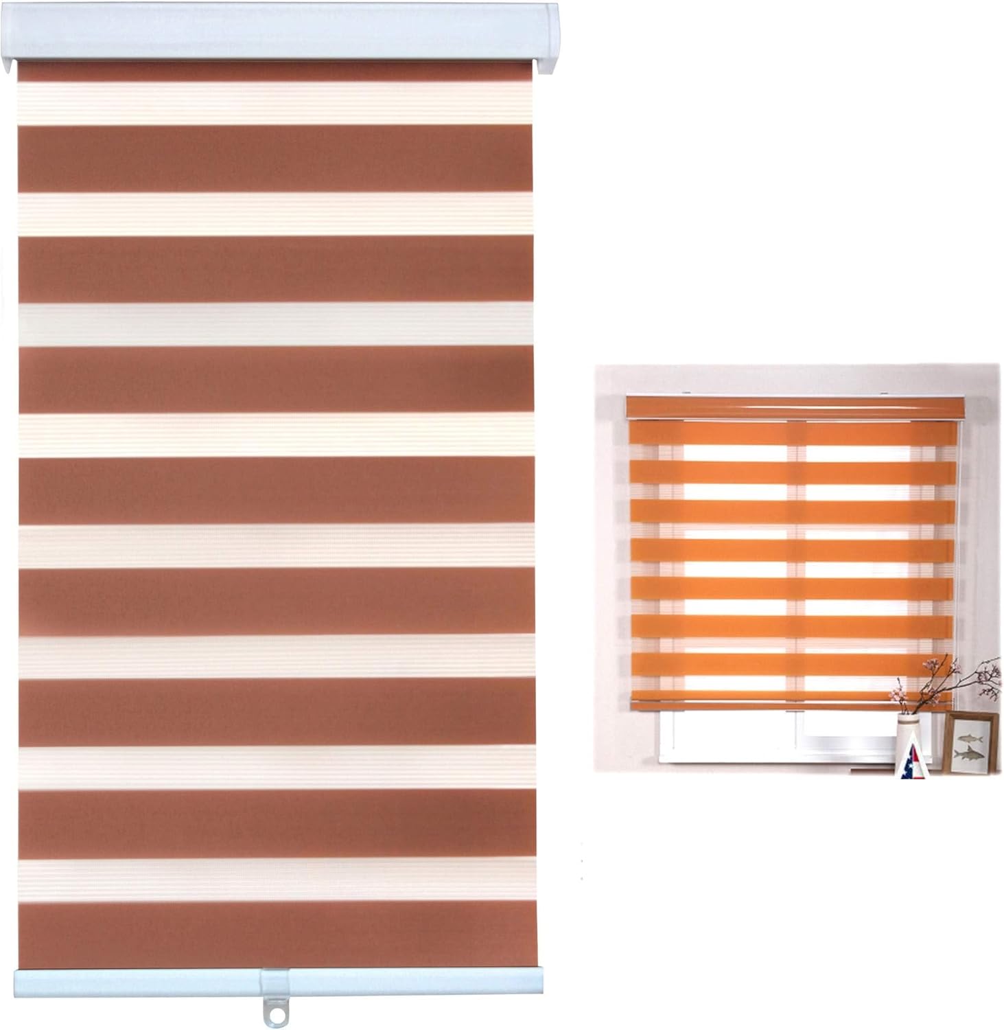 SMT- [(W)67“ x (H)72”] Brown Zebra Roller Blinds Shades, Dual Layer, Cordless, Sheer or Privacy Light Control, Day and Night Window Drapes, Easy to Install, Striped Dove [P/N: ET-ZB-BR-67]