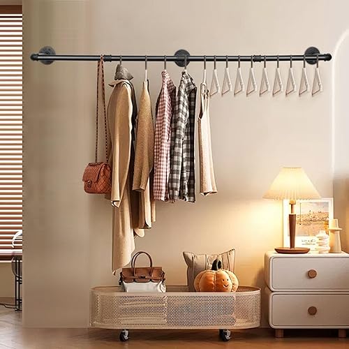 Miniatura 5 de Barra industrial de hierro para colgar ropa, para montar en la pared, perchero resistente para dormitorio, cuarto de lavado, almacenamiento de