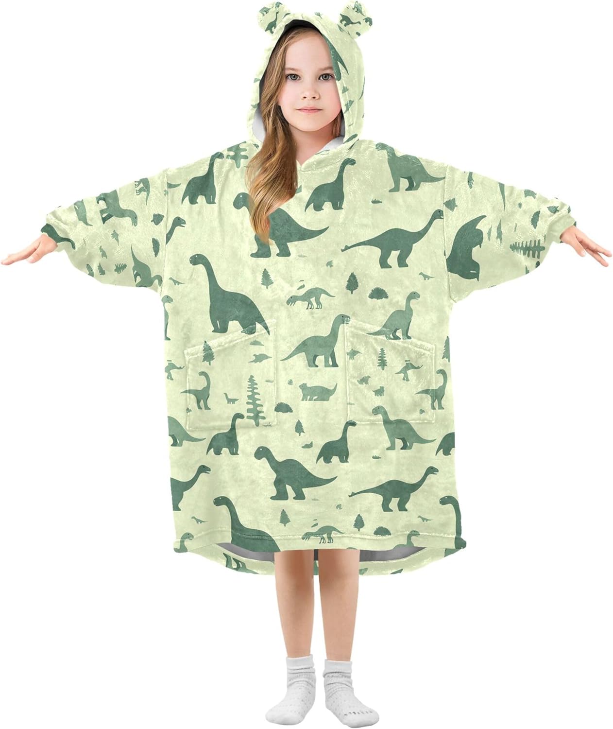Cute Dinosaur Kids Wearable Blanket Hoodie with Pocket and Sleeves for Toddlers, Cute Hoodies Girls Boys B0404105