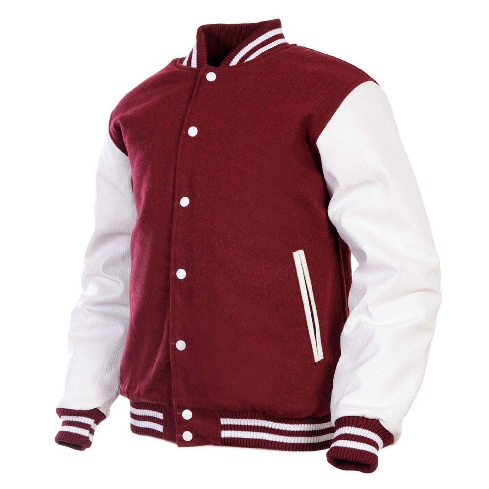 GENZ FASHIONWomen Varsity Jacket Genuine Leather Sleeve and Wool Blend Letterman Ladies Girls College Varsity Jackets (Maroon/white, Small)