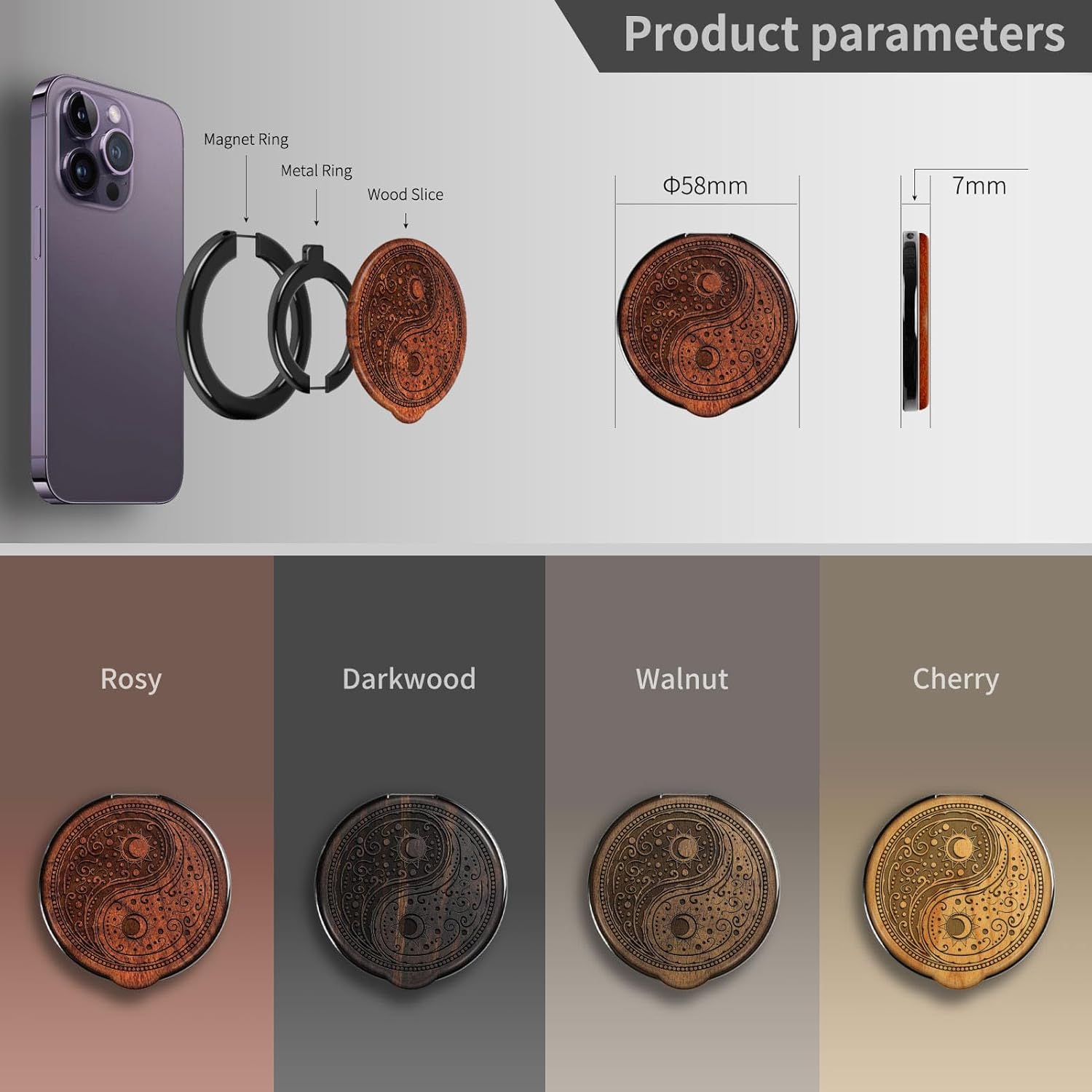 Carveit Solid Wood Design Adjustable Magnetic Phone Kickstand for MagSafe Accessories Ring Holder Stand Metal Grip Hook Compatible with iPhone 14/13/12/15/16 Pro Max (Yin Yang Paisley - Redwood)