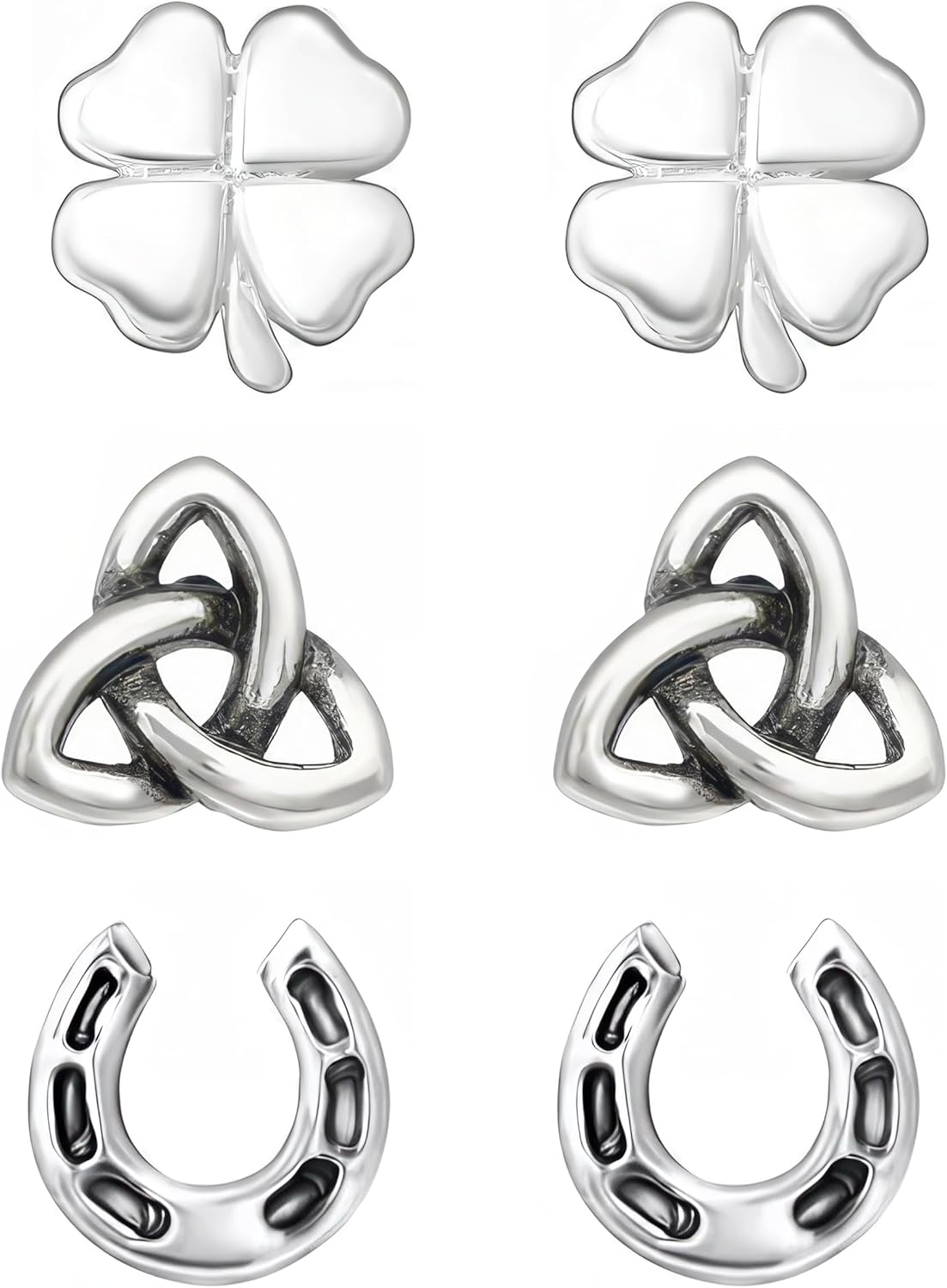 925 Sterling Silver Stud Earrings Irish Shamrock Clover Set Ultra-Tiny St Patrick’s Day Jewelry (3Pairs/Set)