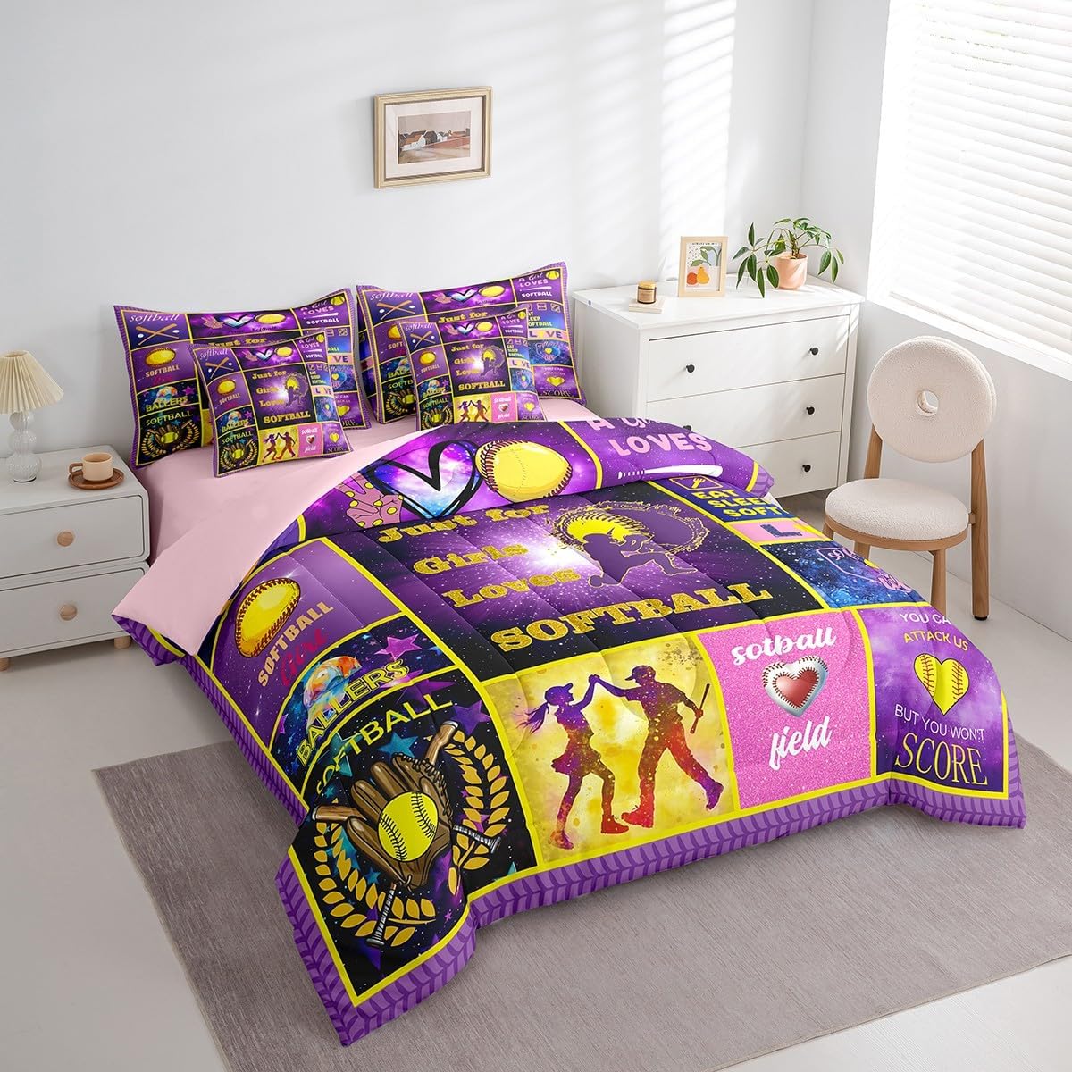 Erosebridal 7 Pcs Softball Bed in A Bag Full,Purple Patchwork Bedding with Bed Sheets for Kids Teens,Softball Sports Comforter Set for Girls Boys,Extreme Sports Ball Game Quilt with Pillowcases