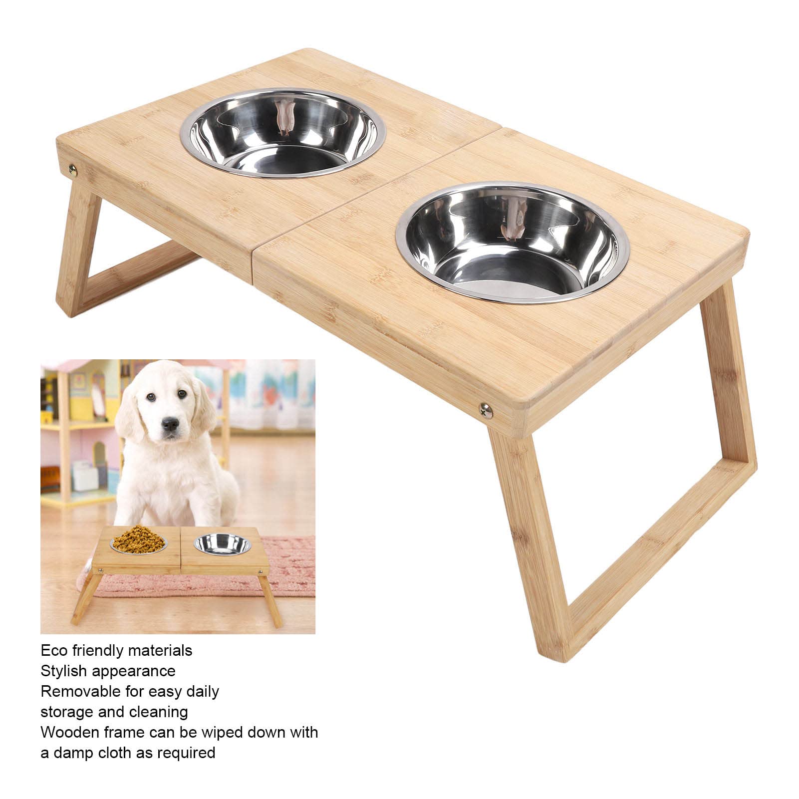 Comederos Elevados para Perros Comedero Gato Elevado, Comedero Elevado, Comedero Elevado, Acero Inoxidable Doble con Soporte de Bambú, Impermeable