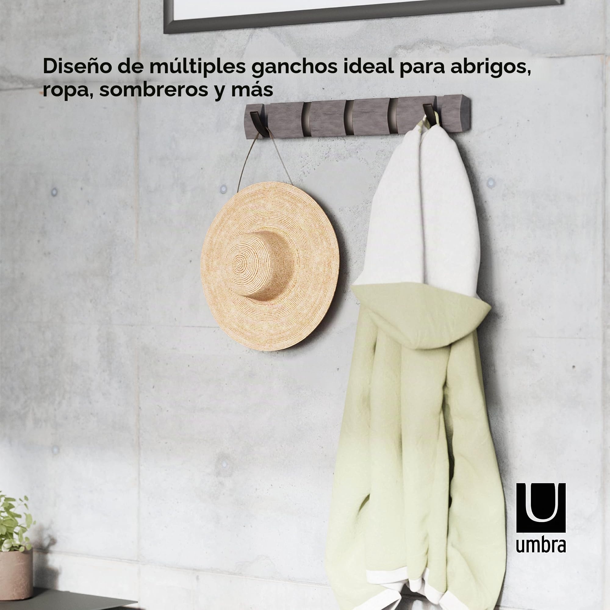 Umbra Flip Perchero de pared con 5 ganchos extraíbles, Álamo, Gris/Peltre