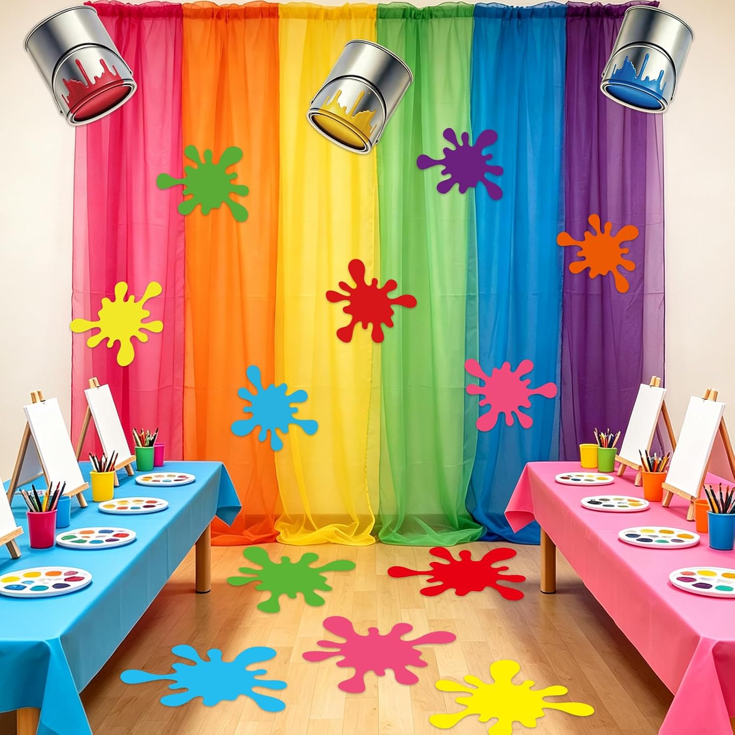 JarThenaAMCS 23 Pcs Art Paint Party Decorations Painting Classroom Wall Decor Paint Splatter Paper Cutouts with Rainbow Backdrop Curtain for Back to School Classroom Art Birthday Party Supplies