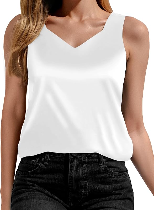 AURUZA Women's Silk Satin Tank Tops V Neck Camisole Casual Cami, M, White