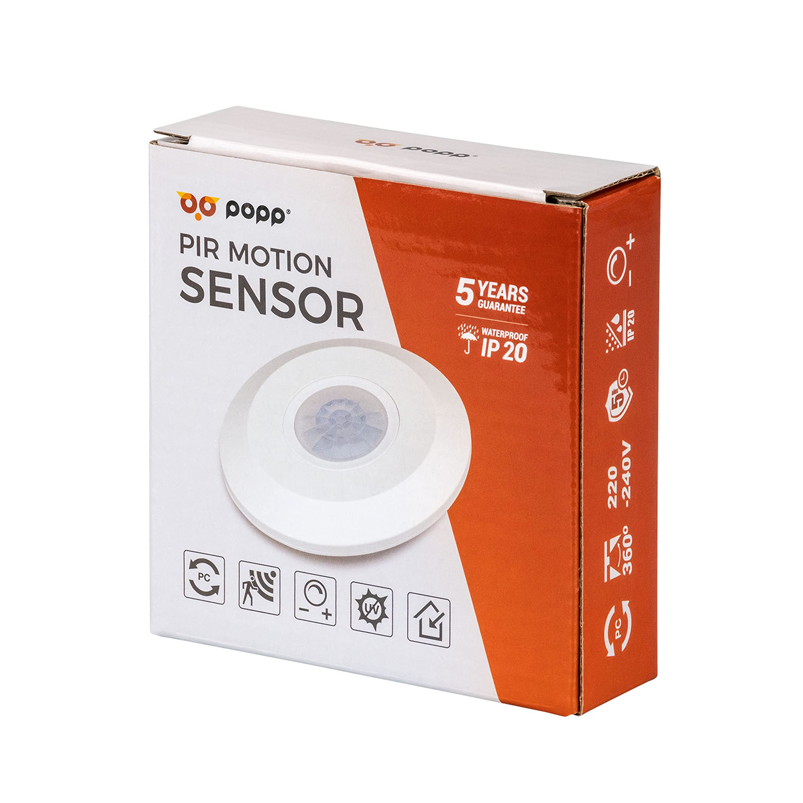 POPP® Electric Interruptor Slim Sensor de Movimiento PIR Detector 360º 8M IP20 Interior, MAX 3-2000LUX LED Ajuste de Tiempo 10SEC-15MIN (Pack 5 Unidad)