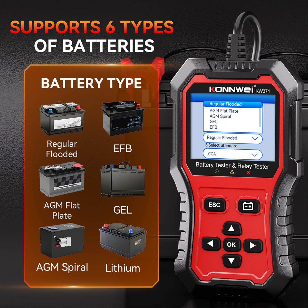 KONNWEI KW371 Autobatterie Tester 6V 12V 24V, Batterieprüfer 100-3000 CCA für AGM EFB GEL Lithium Batterien, KFZ Batterietester mit Anlasser- & Ladesystemtest, Cloud-Bericht für PKW LKW Motorrad