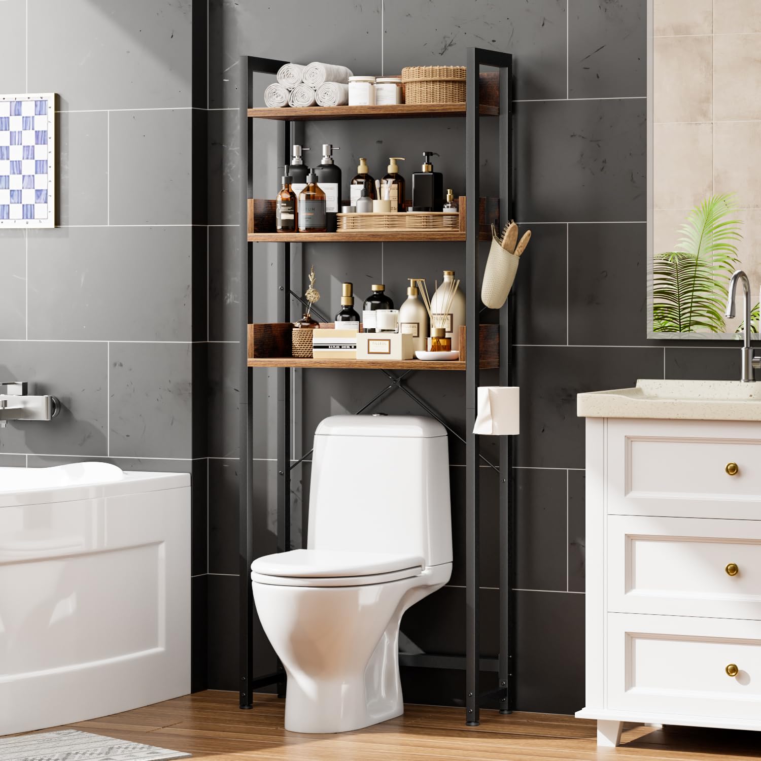 APPOLYN Toilettenregal, 3-stöckiges Waschmaschinenregal, Wc Regal, Multifunktional Badezimmerregal, Regal Über der Toilette, für Badezimmer, Platzsparend, Vintagebraun