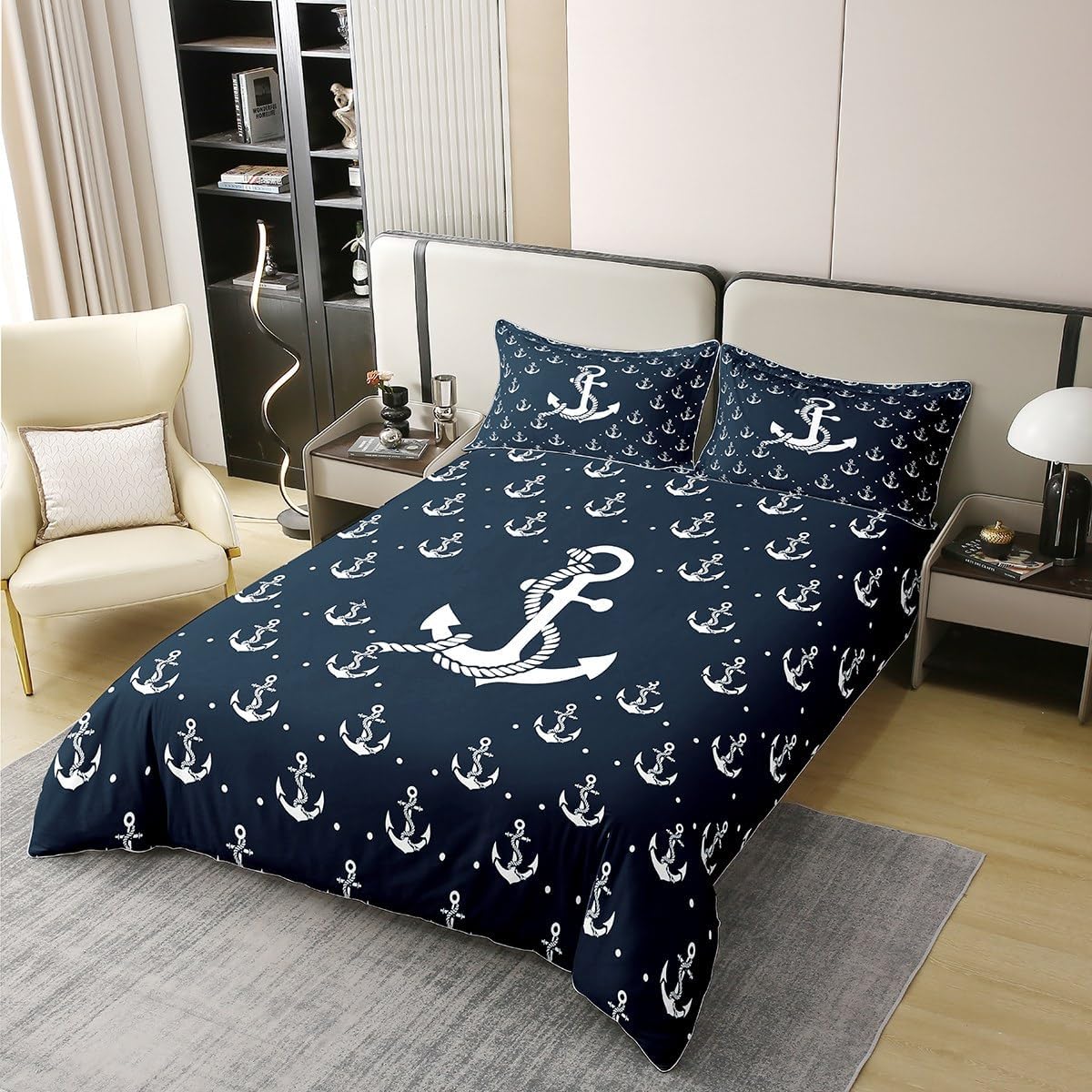 Anchor Bedding Set Nautical Sailing Ocean Theme 100% Cotton Queen Duvet Cover 3 Pcs for Kids Teens Adults Navy Blue White Simple Decor Comforter Cover,2 Pillowcases,No Comforter