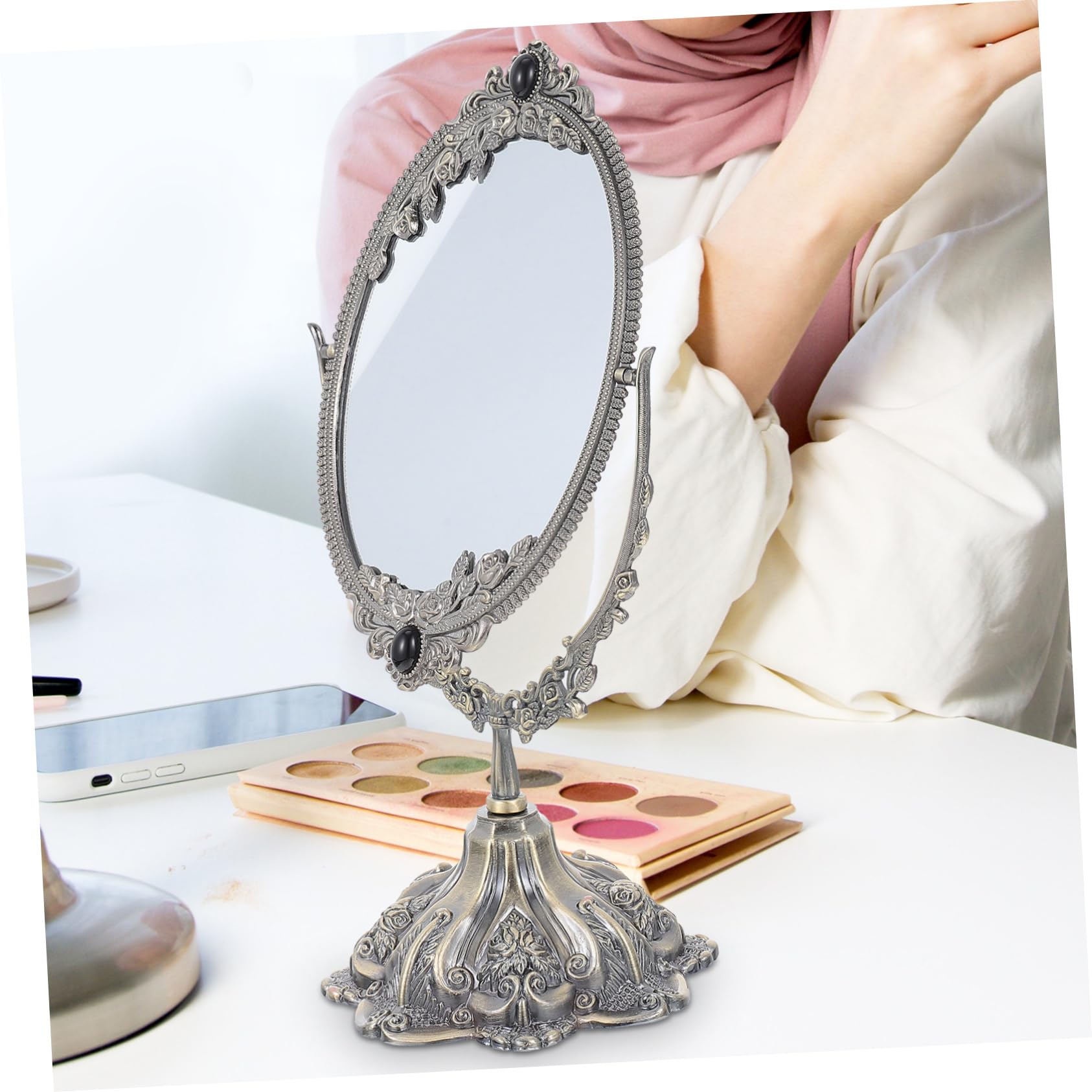 Doppelseitiger Tischspiegel im Europäischen Stil Rotierender Kosmetikspiegel für Hochzeit Stabiler und Klarer Makeup Spiegel für Zuhause Antik Finish für Tisch