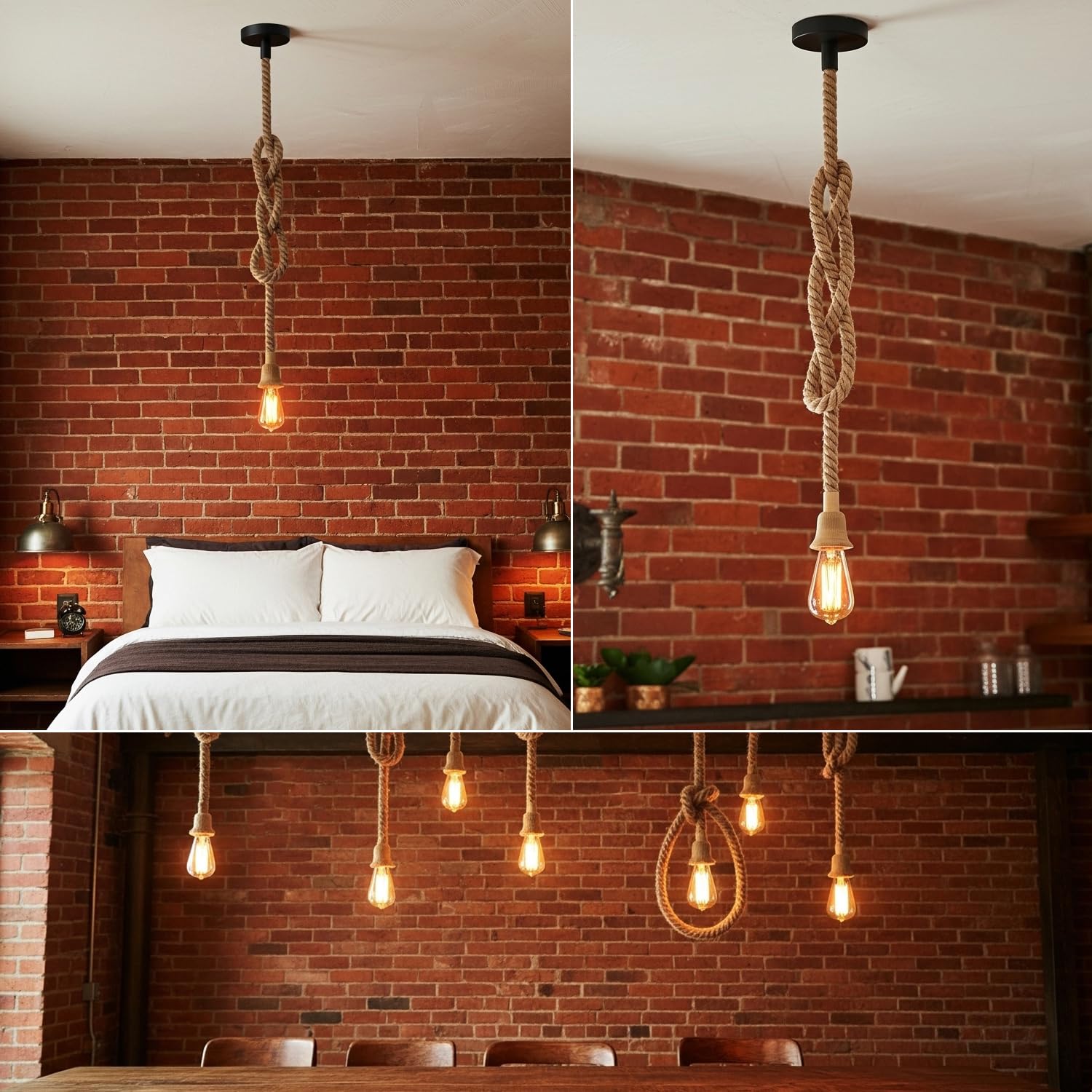 ANWIO Cable Suspension Luminaire, E27 Lustre Industriel en Corde de Chanvre Naturel, Lampe Suspendue 1 Corde, Lustre Plafond Salle à manger, Plafonnier Led Couloir, Loft, Bar