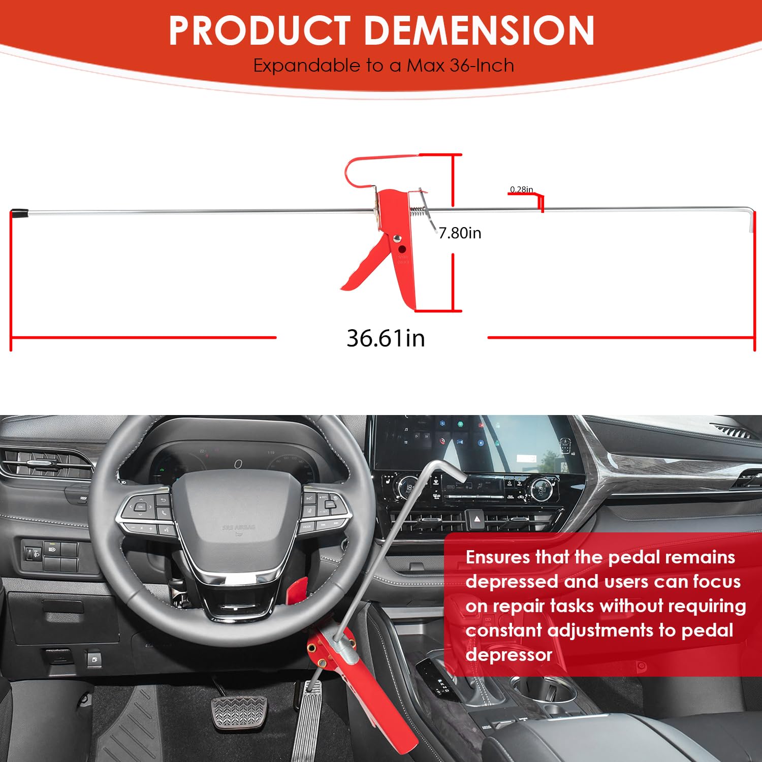 THE393 Pedal Depressor, Adjustable 36-Inch Brake Pedal Depressor, Stainless Steel Throttle Pedal Depressor Tool for Most Vehicle Repair/Mainte