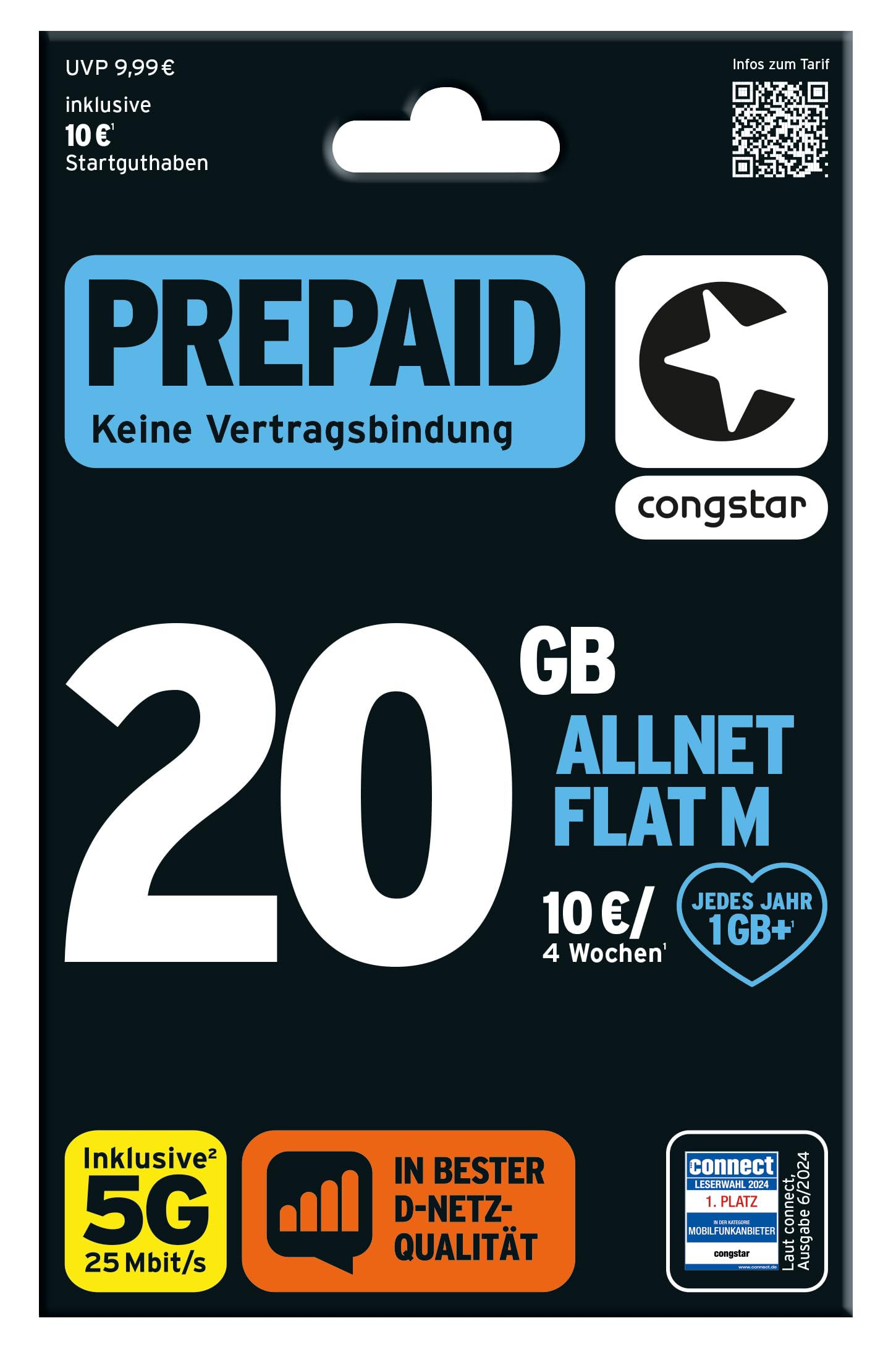 Congstar Allnet Flat Plus [SIM, Micro-SIM and Nano-SIM] Monthly Rolling Contract (1 GB Data Flat Rate at 21 Mbit/s, Allnet Flat in All German Networks)