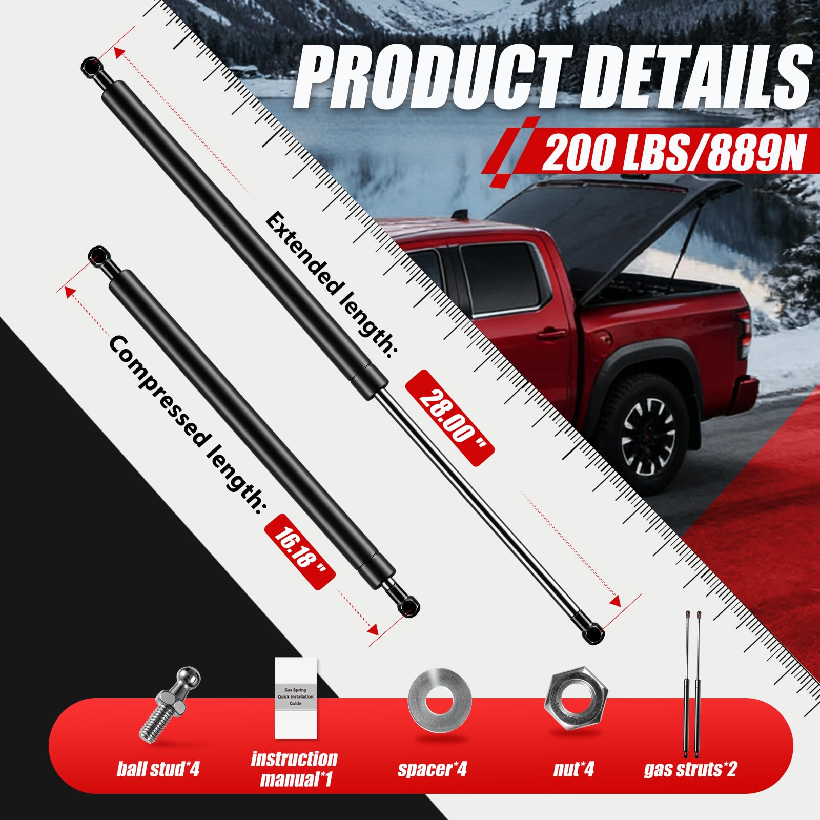 Sprężyna gazowa 28", 90,7 kg/889 N do naczepy Heavy Duty, zestaw 2 szt. Vepagoo