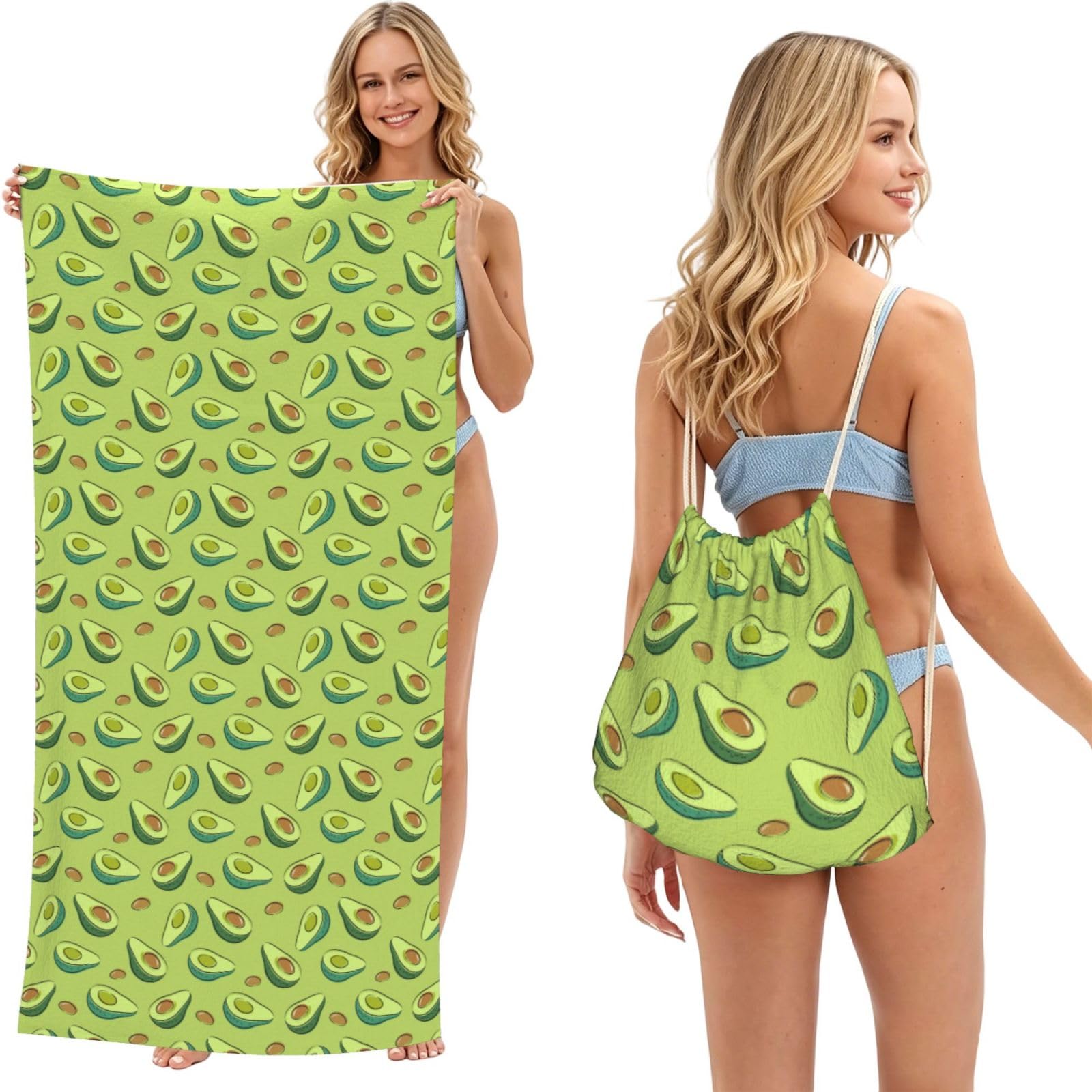 Poadnly As Picture Green Avocado, 2 In 1 Packable Towel Bag, Beach Towels With Drawstring Backpack For Travel Holiday Camping