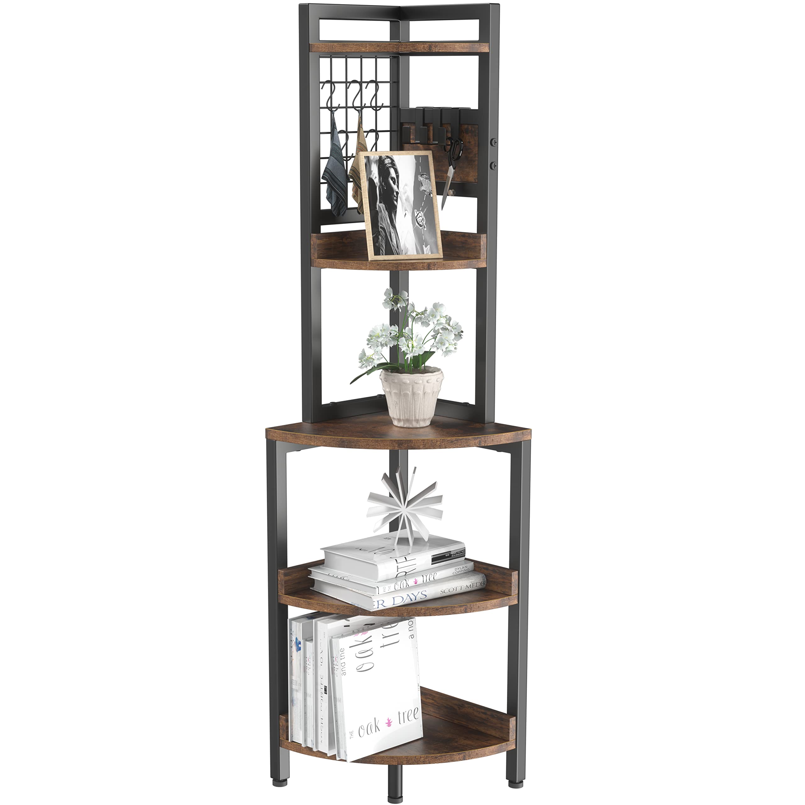 Dripex Mensola angolare a 5 ripiani, Scaffale ad Angolo, Portavasi, Libreria angolare per Ufficio, Studio, Soggiorno, Camera da Letto, Marrone Vintage e Nero, 40x40x152cm