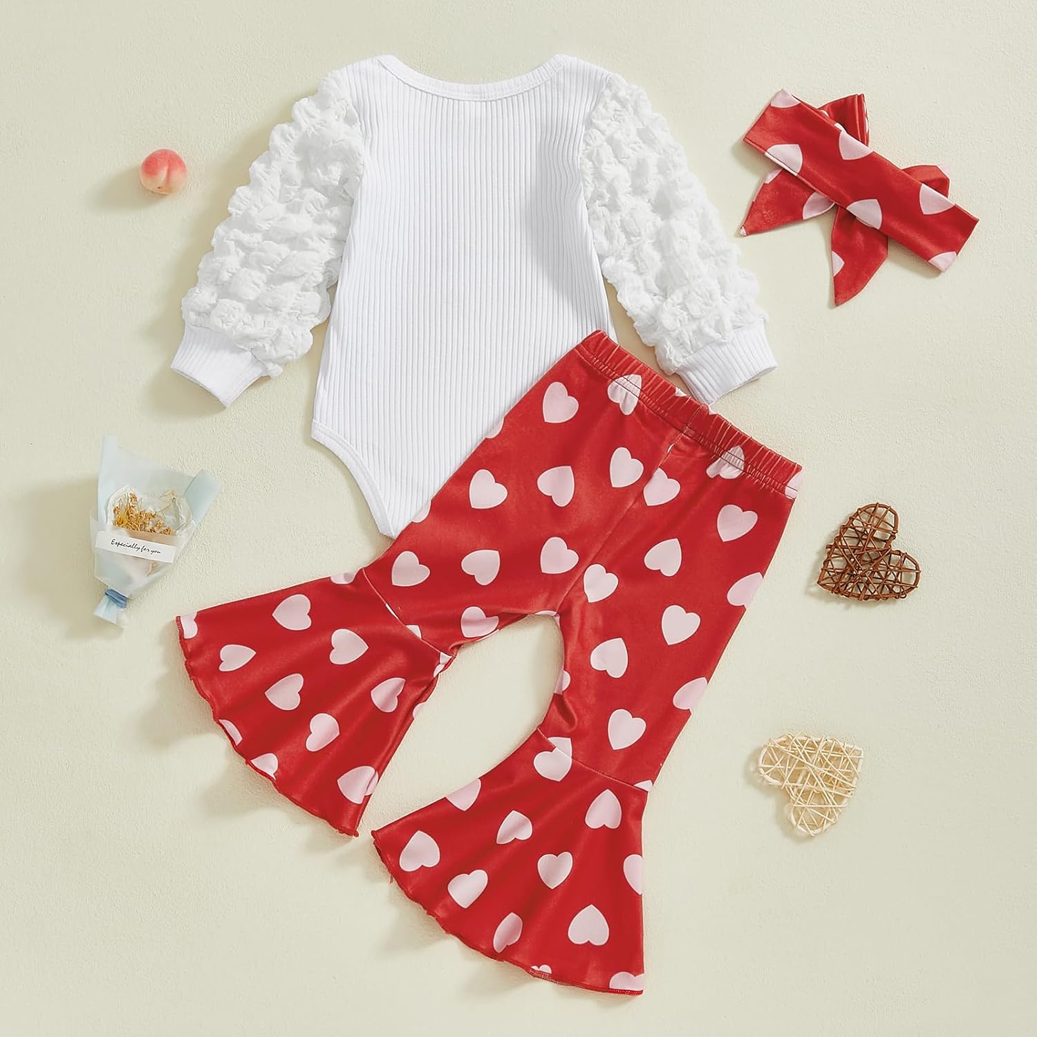 Karuedoo Newborn Baby Girl Valentines Outfit Letter Print Puff Sleeve Romper Heart Bell Bottom Pants Headband 3Pcs Set - Image 3