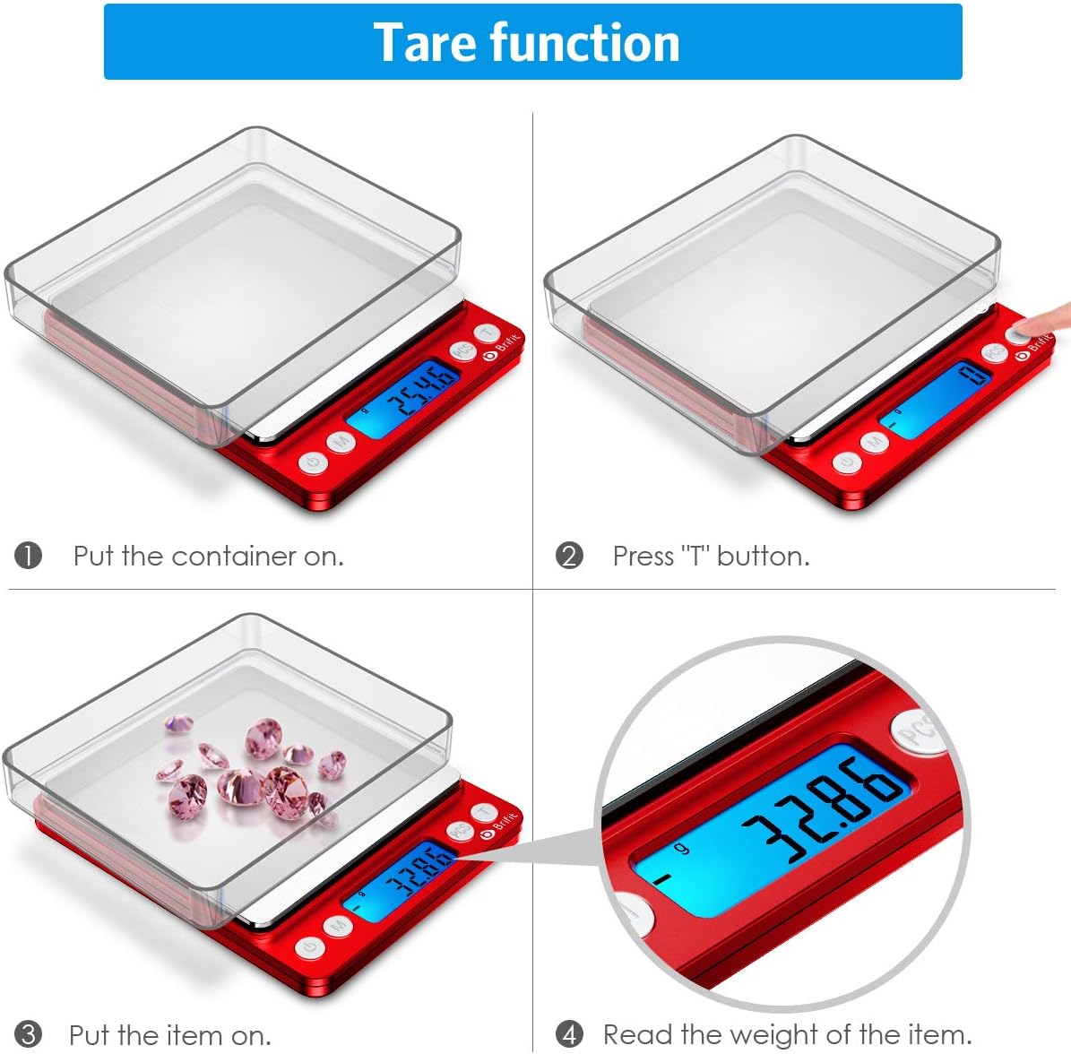 Four steps demonstrating the tare function of the AMIR Digital Kitchen Scale