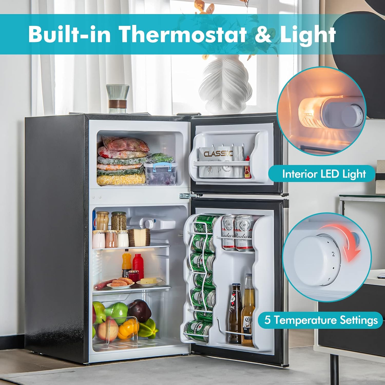 KOTEK Mini Fridge with Freezer, 3.2 Cu.Ft Compact Refrigerator/Freezer with 5 Level Adjustable Thermostat, Reversible 2 Doors & Removable Glass Shelves, Mini Fridge for Bedroom/Dorm/Office (Silver)