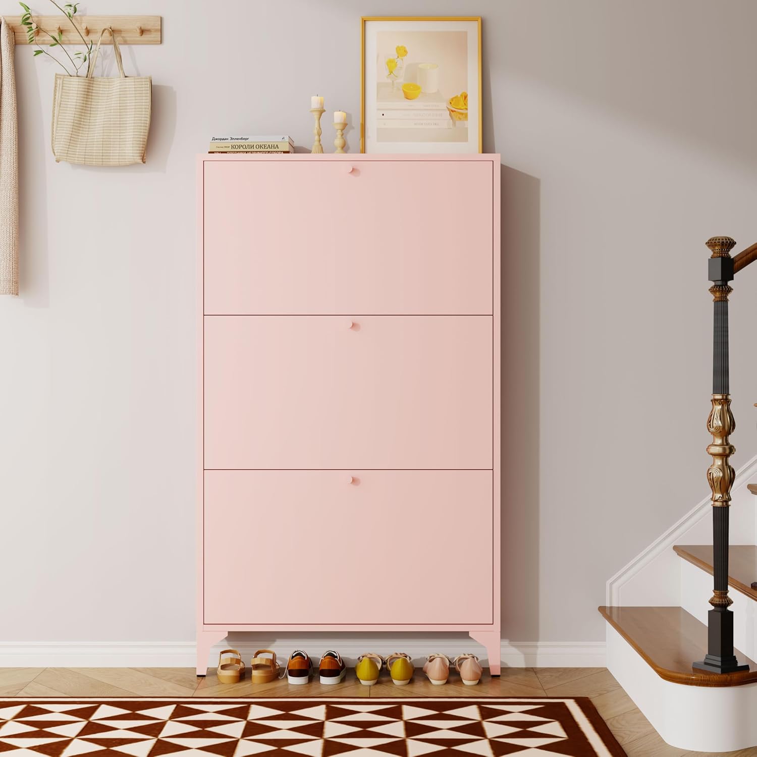 Metal Shoe Organizer Cabinet for Entryway with 3 Flip Drawers.Freestanding Shoe Cabinet with Adjustable Shelf.Hidden Shoe Cabinet Storage for Entryway,Hallway,Living Room (Width 27.56, Pink)