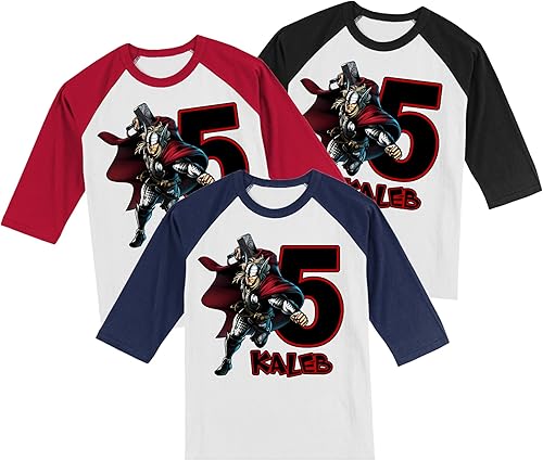 Miniatura 2 de Personalized Super Hero Birthday Shirt | Handmade Decorated Shirt | Personalized with Name and Age | Unisex 3/4 Sleeve Raglan T-Shirt