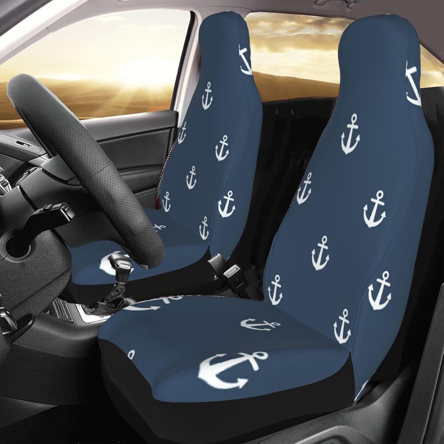 Summer Nautical Seamless Pattern with Anchors Car Seat Covers 2-Pack - Fit for Sedans, Trucks, Suvs, Automotive Seat Protectors with Reinforced Stitching