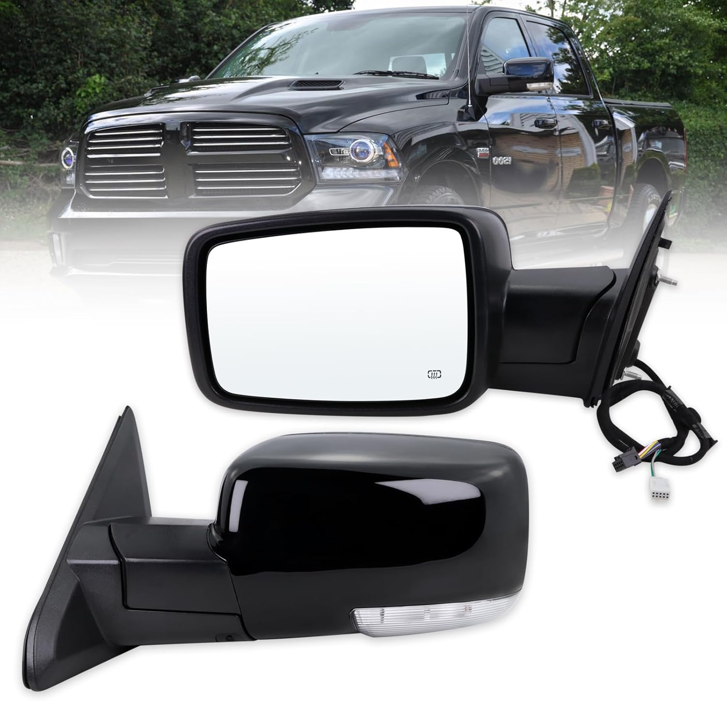 Left Driver Side Mirror Compatible With 2013-2018 Ram 1500 2500 3500 With Power Folding Power Glass Heated Temperature Sensors Turn Signal Puddle Lights Black Replace#68096197AF (10+2Pins) L-12Pins Black