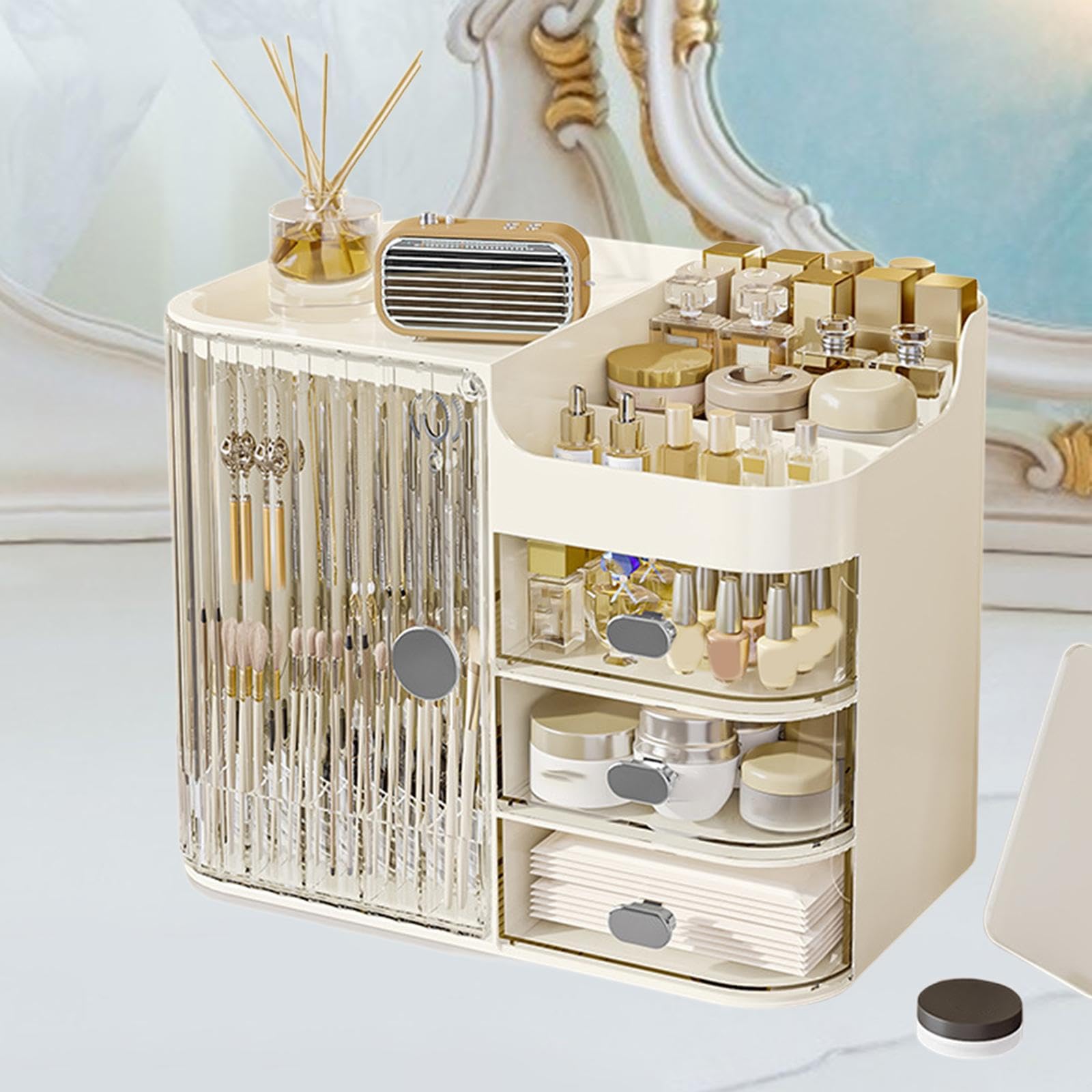 Organisateur de Maquillage Grand Organisateur Cosmétique Boîte de Rangement avec Tiroir Support pour Pinceaux Fonction Ouverture Large avec Miroir en, Blanc Clair