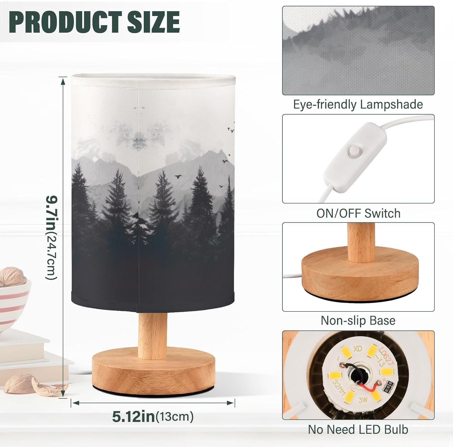 Nature Mountains and Forest Table Lamp Bedside with USB Ports Nightstand Lamps with Fabric Lampshade for Reading, Bedroom, Living Room Home Office