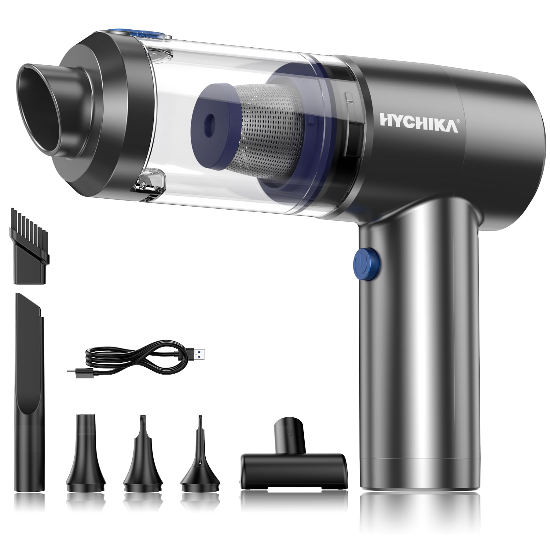 HYCHIKA Aspiradora de mano inalámbrica – 19 kPa Mini Aspiradora de 2600mAh con batería de flujo de aire para coche,motor sin escobillas,vaciado de polvo de un botón,HEPA filtro lavable para coche,sofá