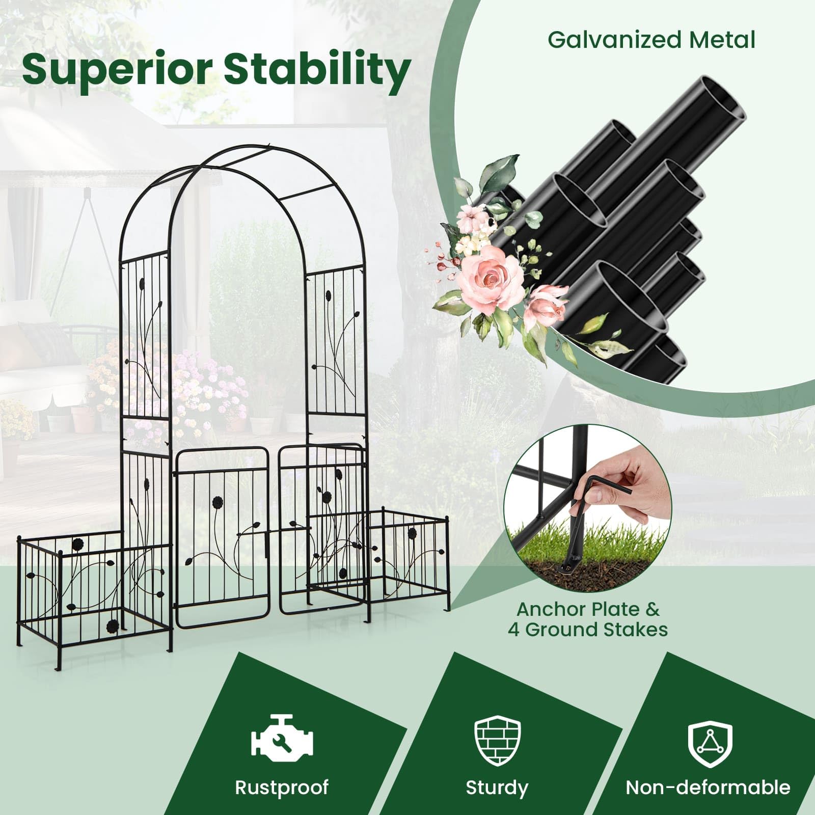 Arco da giardino con cancello, con telaio per piante, 198 x 220 x 50 cm | Arco da giardino in metallo stabile, traliccio per piante rampicanti, arco per matrimoni e decorazioni da giardino