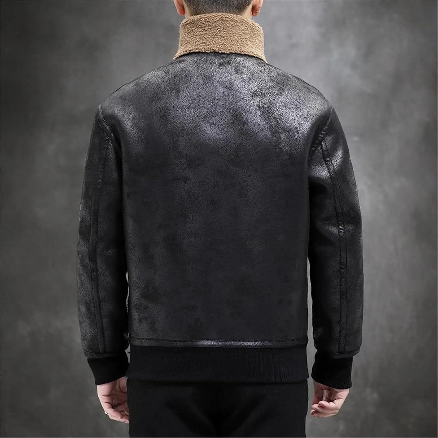Men's Reversible Faux Leather Shearling Coat Warm Thick Faux Fur Collar Bomber Jacket Winter Fashion Soft Outwear
