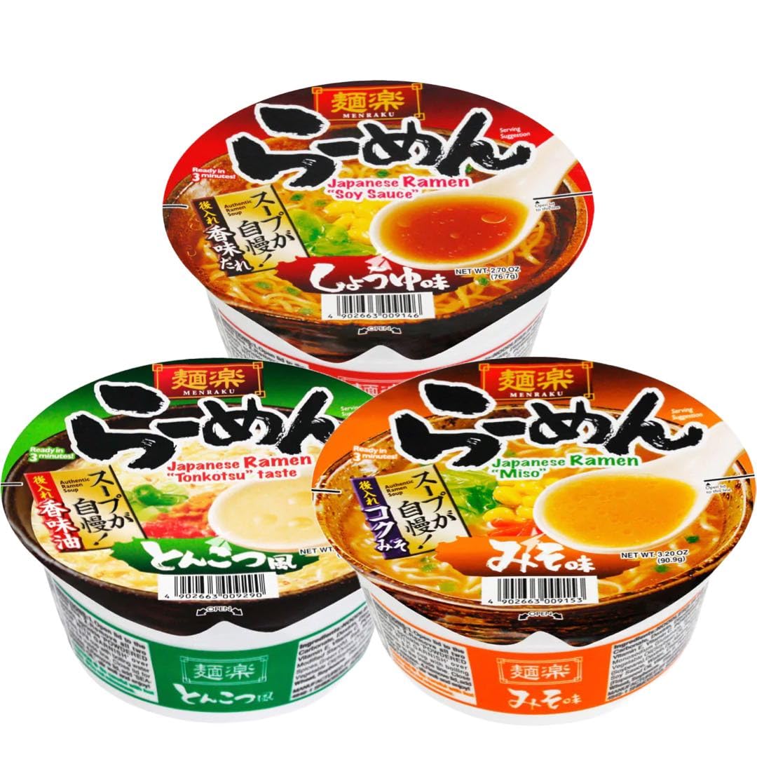 Hikari Menraku Japanese Ramen Bowl Noodles - Soy Sauce, Miso & Tonkotsu Flavours Assorted Tasting Bundle (Pack of 3)