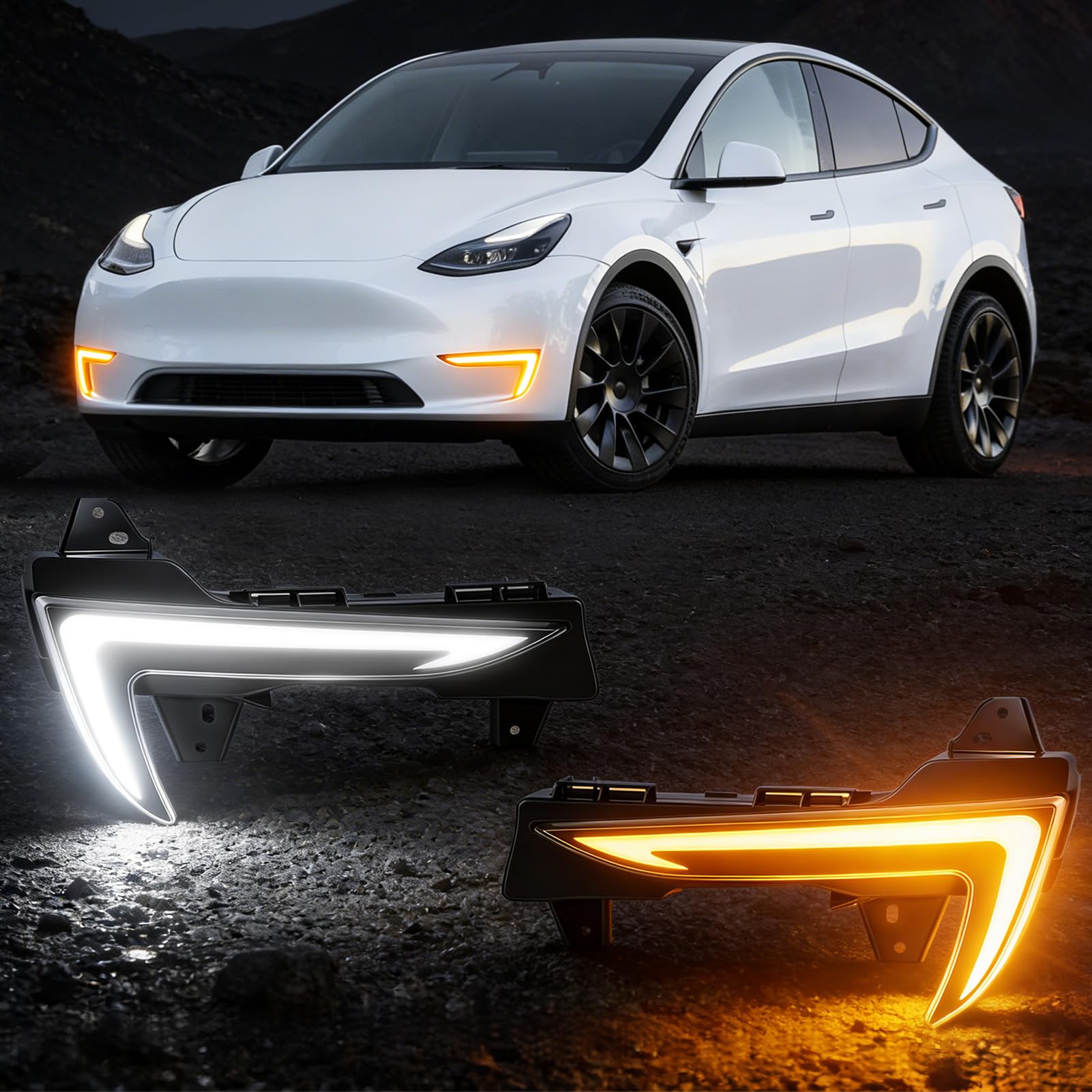 Photo 1 of Daikokuya White & Yellow LED Front Daytime Running Lights DRL Fit for 2021-2023 Tesla Model Y Upgrade and Modified 1 Pair Turn Signals Driving Runing Lamp Fog Lights Assembly