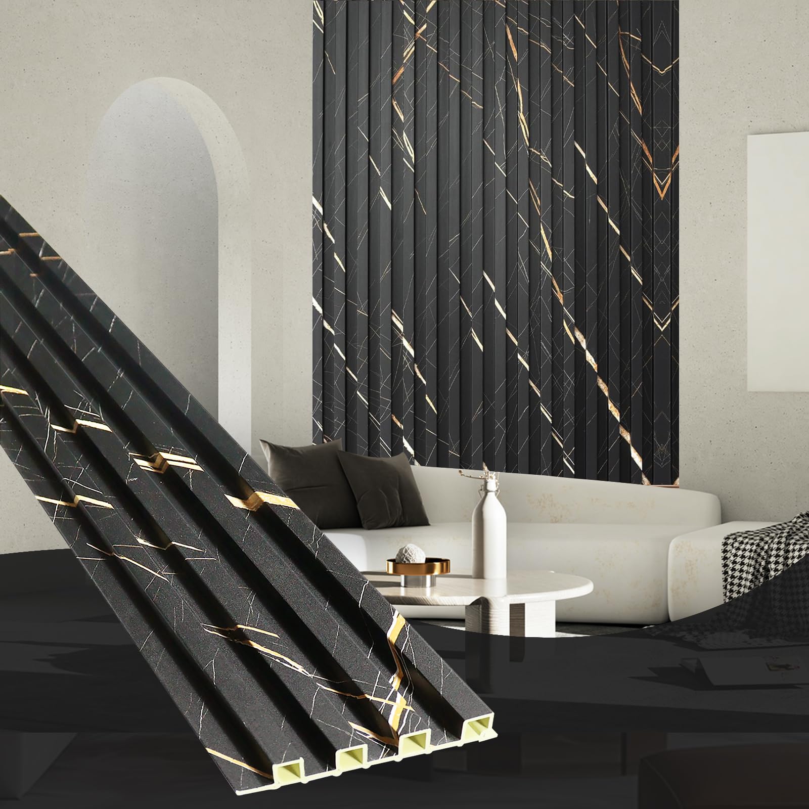 OUZUGIE WPC Acoustic Slat Wall Paneling, 8-Pack 114 x 6 Inches 3D Wall Panels for Interior Wall Decor,Living Room,TV Background,Study Room,Office Spaces,Bedroom,High Grille (Black Marble)