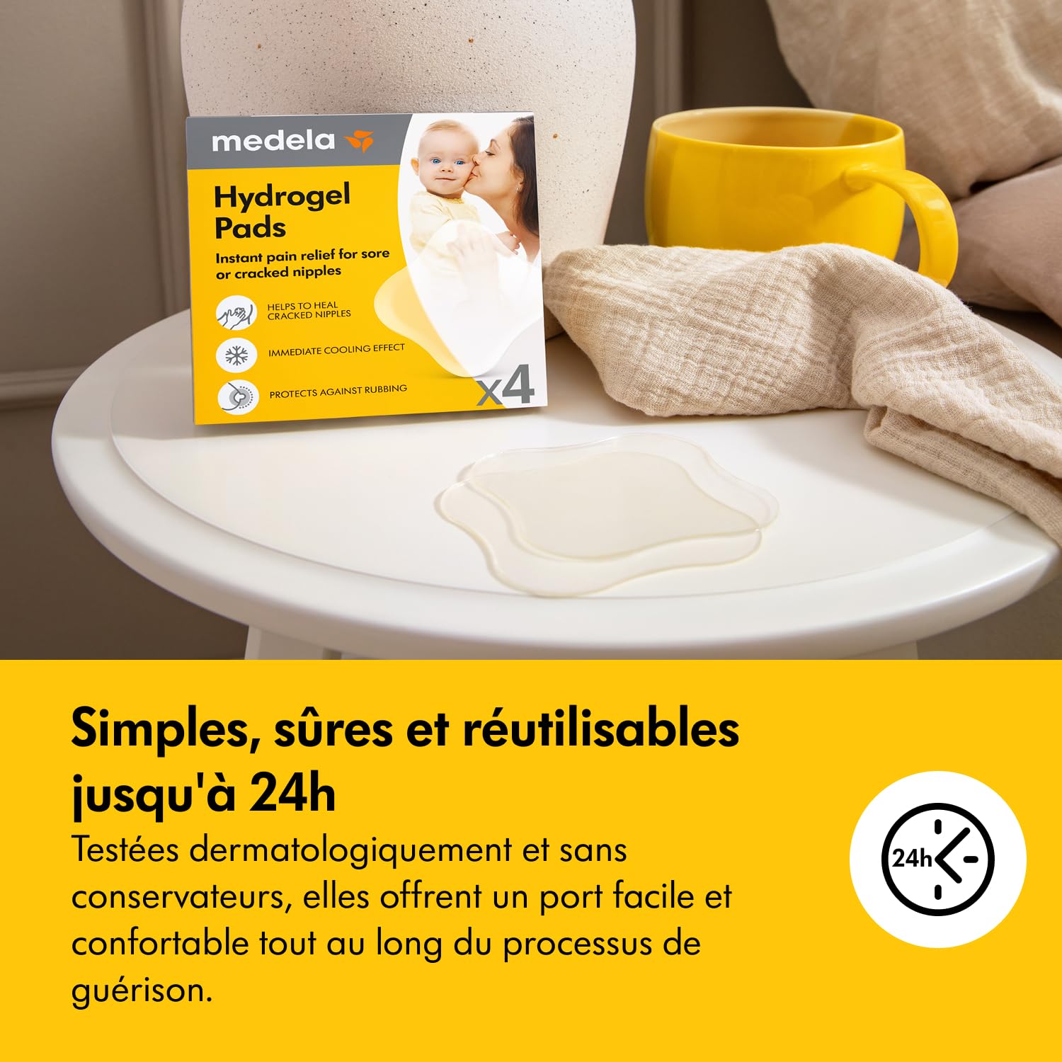 Medela Compresses hydrogel réutilisables, soulagement et rafraîchissement instantané pour mamelons douloureux ou crevassés, coussinets stériles, emballés individuellement, lot de 4