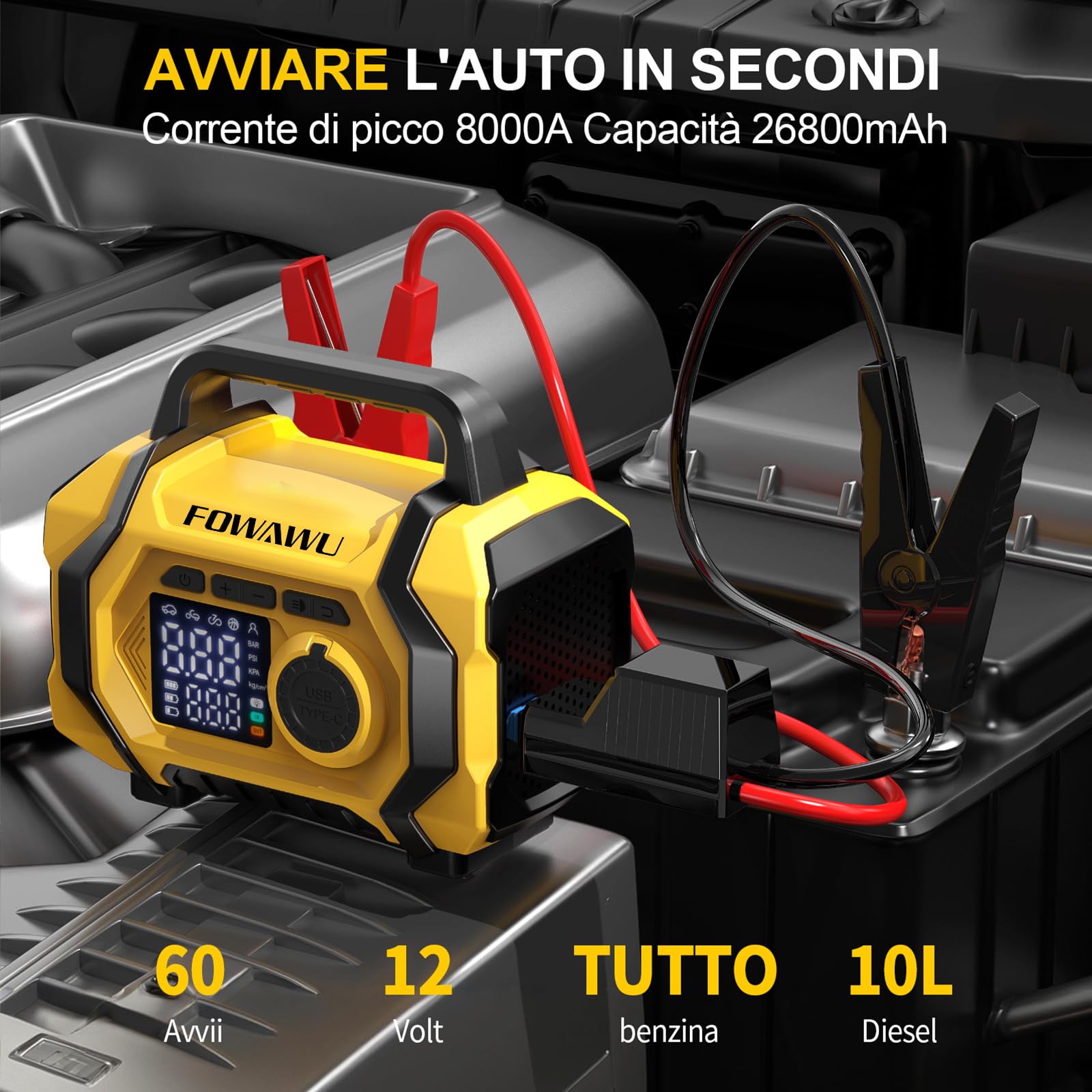 FOWAWU Avviatore Batteria Auto con Compressore 9 in 1, Avviatore Batteria 8000A 26800mAh(Tutti i Benzina e 10L Diesel), Compressore Aria Portatile 150psi con Schermo LCD Digitale Torcia LED
