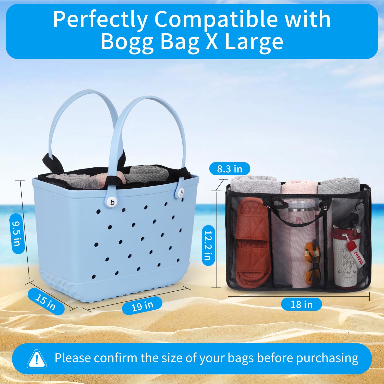Croc Charms Beach Bags Organizer Insert Compatible with Original XL Bogg Bag, Lightweight Mesh Divider Pouch Insert for Bogg Bag Accessories, 18