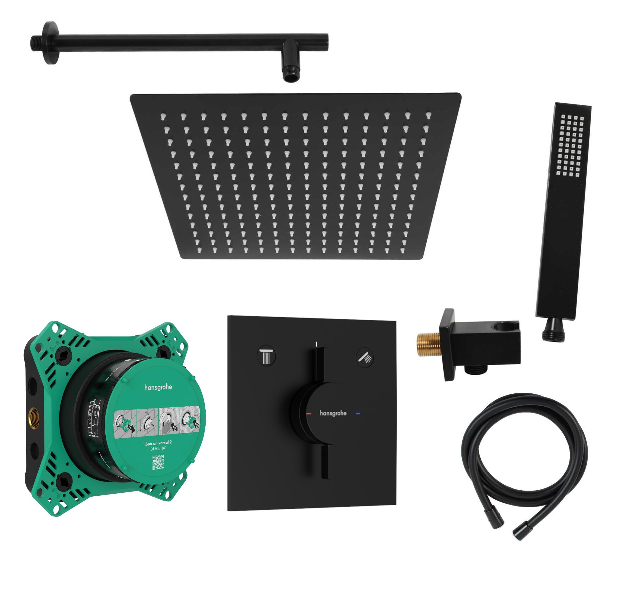 vanvilla Duschsystem mit Unterputz Duscharmatur von Hansgrohe Duo Turn E und vanvilla Regendusche mit Armatur, Duschkopf eckig, Dusch-SET HGS201 schwarz matt