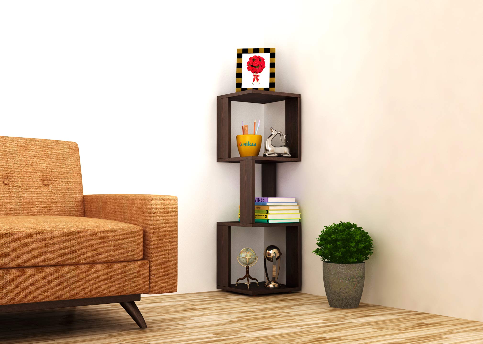 Anikaa Amelia Engineered Wood Wall Mounted Wooden Corner Shelf Corner Stand Wall Shelf for Bedroom Corner Storage Rack Shelves for Home, Office, Kitchen (Wenge) Matte Finish
