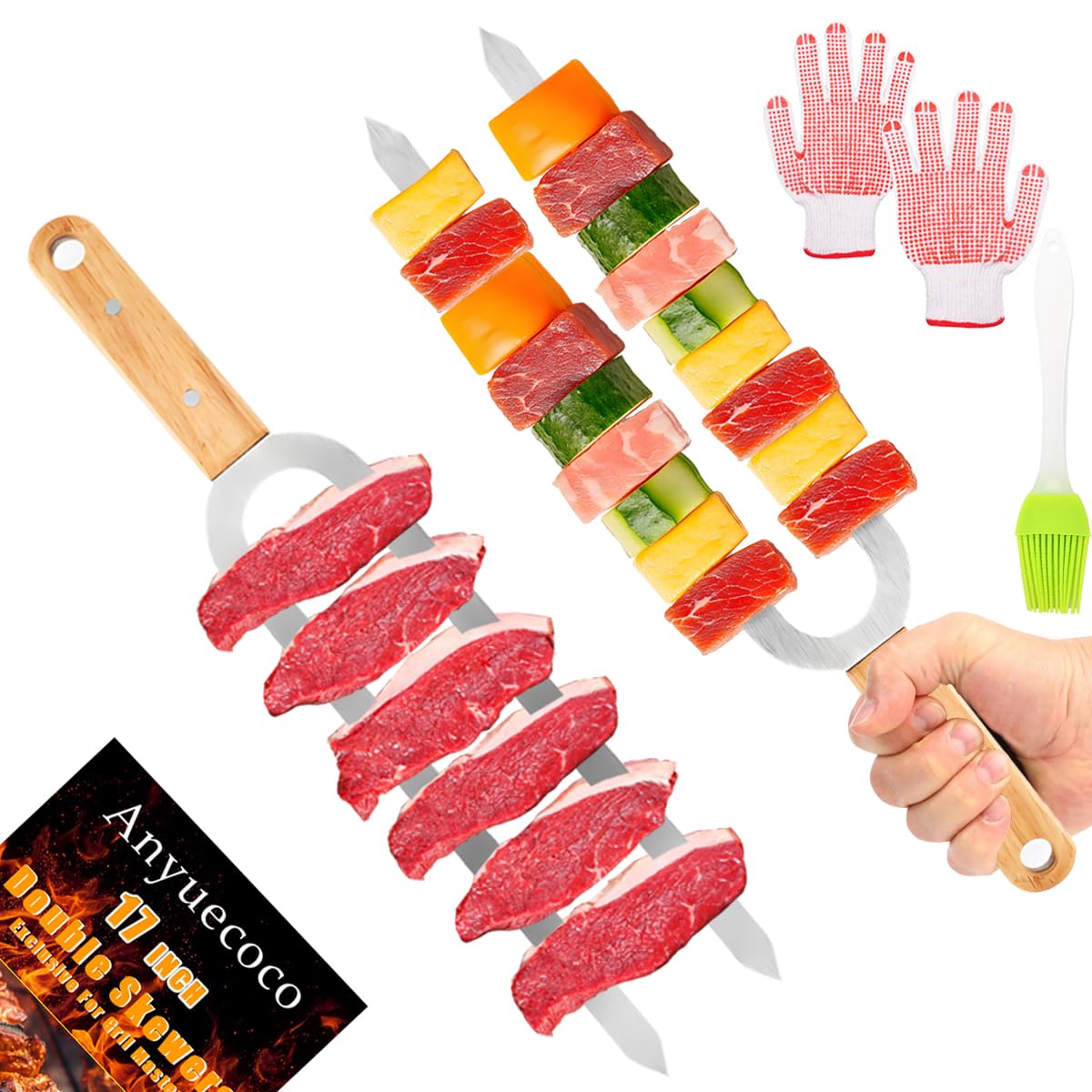 Anyuecoco Skewers for Grilling,2 PCS - 17 Inch Double Pronged Kabob Skewers With Wooden Handles,Heavy Duty Stainless Steel Skewer, Flat Skewer,For Grilling Meat, Vegetables, and Outdoor Cooking