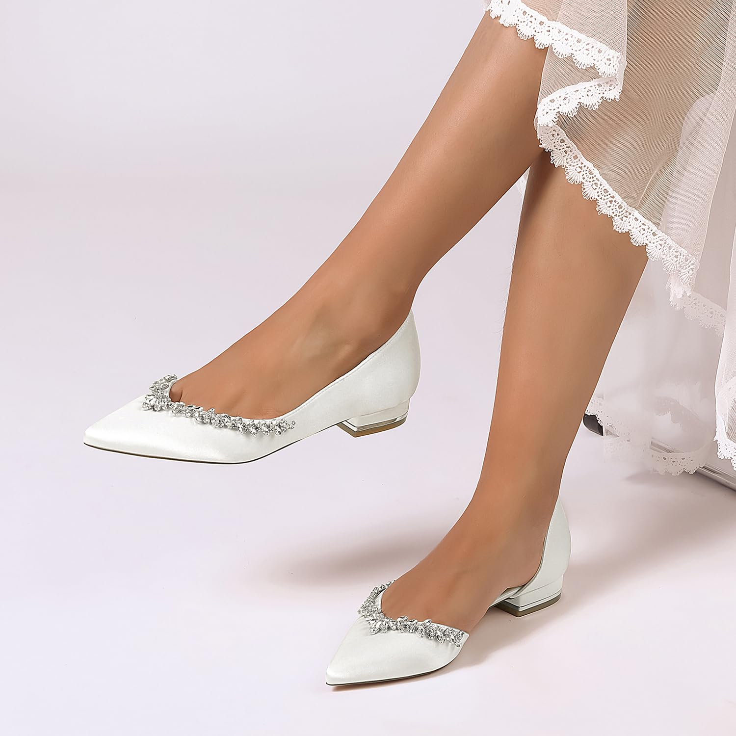 Scarpe da Sposa comode con Tacco Basso, Scarpe da Sposa Chiuse con Strass Scintillanti in Raso, per Matrimoni, fidanzamenti, Feste - Colori Multipli