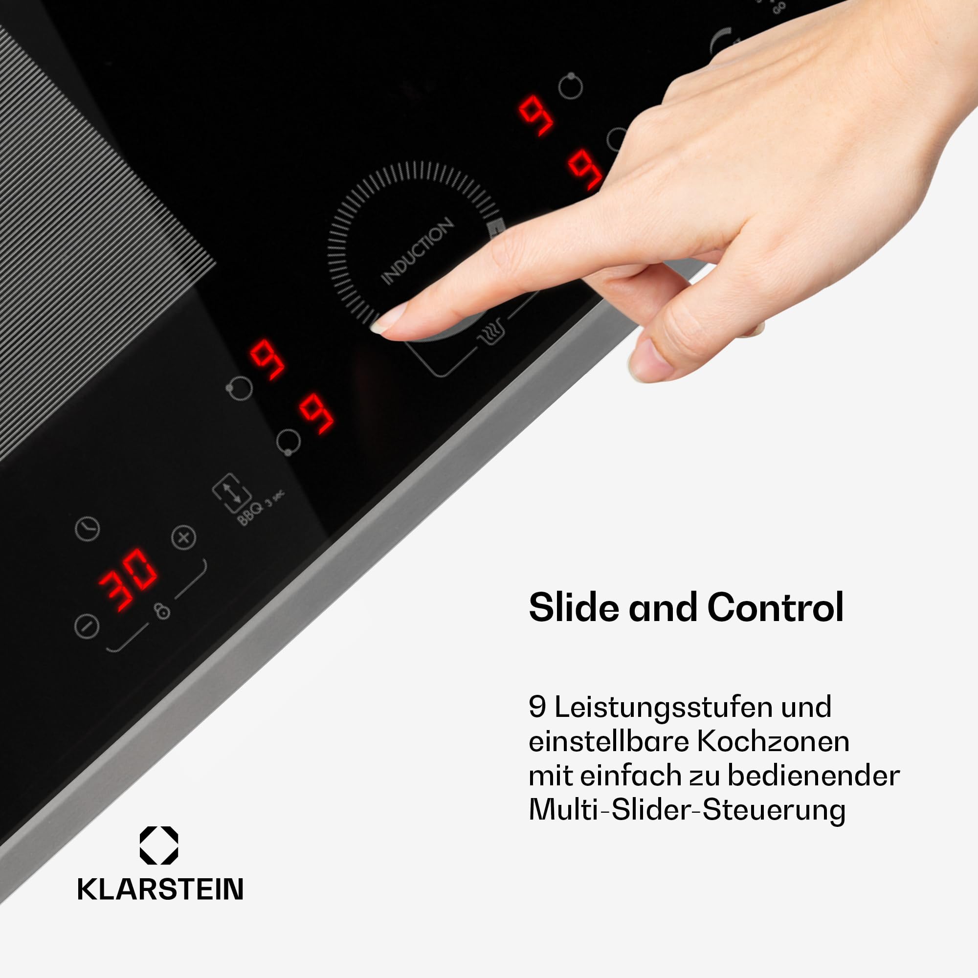 Klarstein Induktionskochfeld - Glaskeramik Einbau-Kochfeld Mit 4 Platten, Touch-Display, Digitalanzeige, Timer-Funktion, Schnelles Aufheizen - 7000 Watt