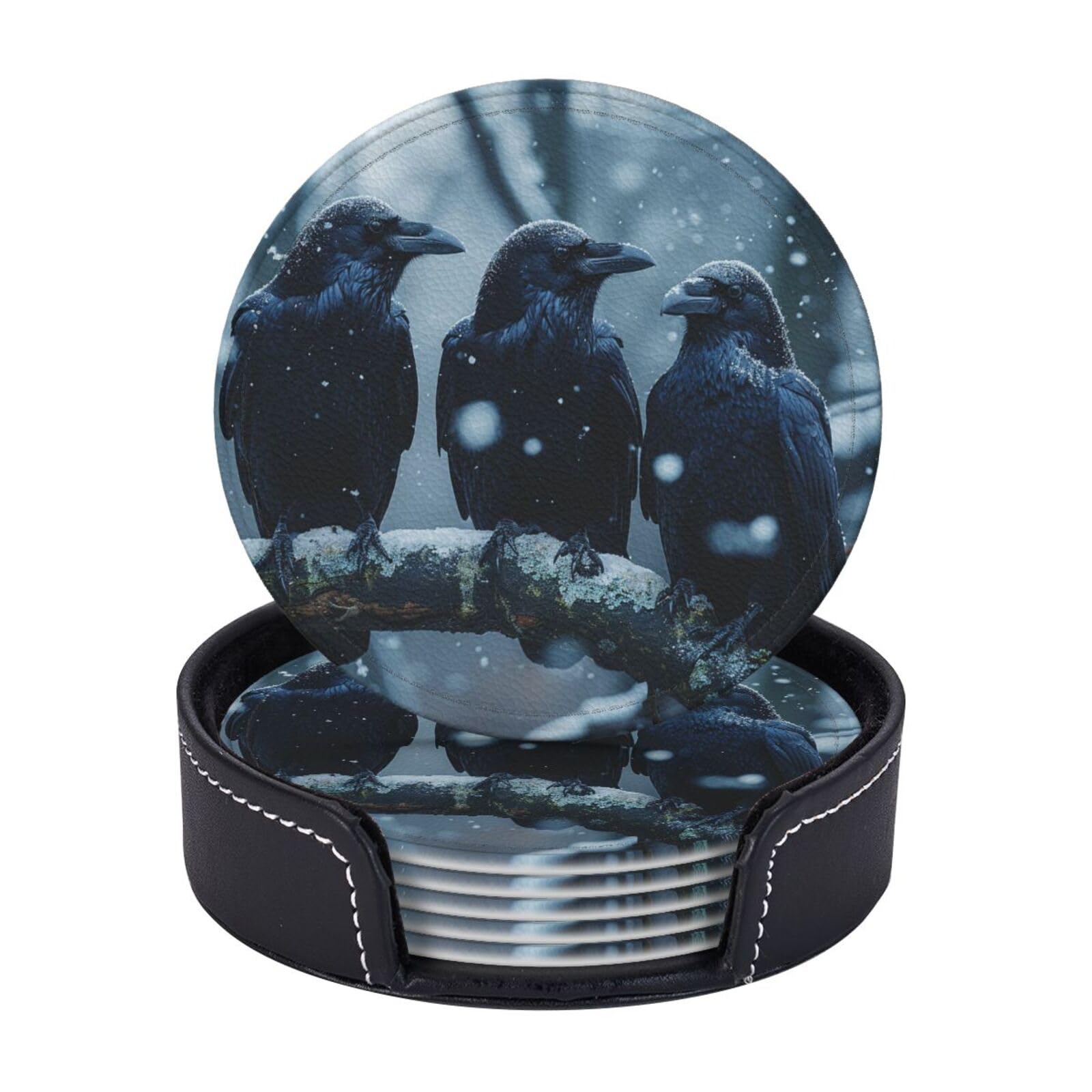 Drink Coasters 6Pcs Round Leather Coaster with Holder Black Crow Birds Coasters for Drinks Coffee Cup Mat Heat Resistant Coaster for Tabletop Protection Desk Accessories Office Home Decor