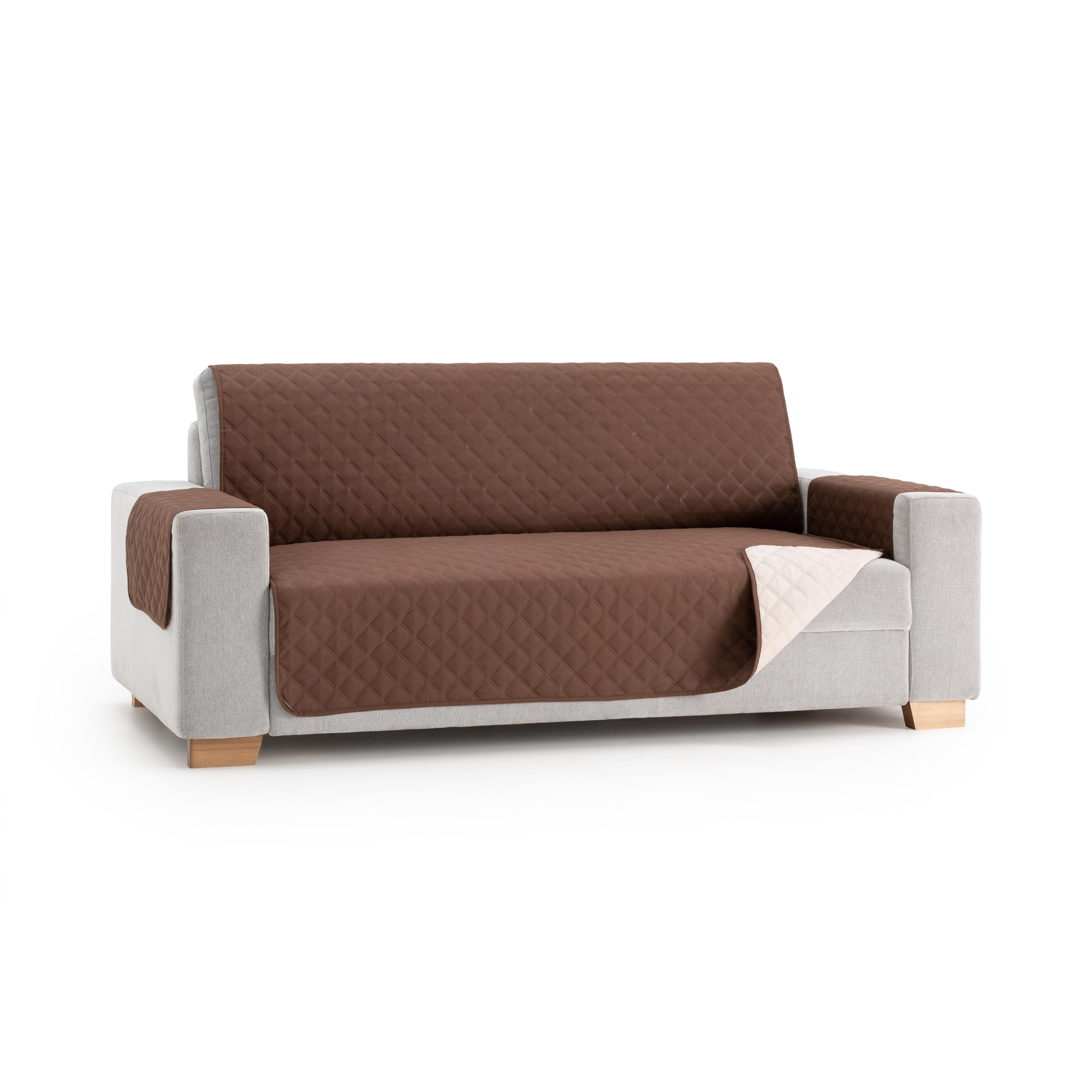 MAXIFUNDAS | Cubre Sofá Acolchado Reversible | 2 Plazas | Marrón/Beige | Cubre Protector Sofá con Tiras Elásticas de Sujeción | Modelo MAUI OEKO-TEX STANDARD 100