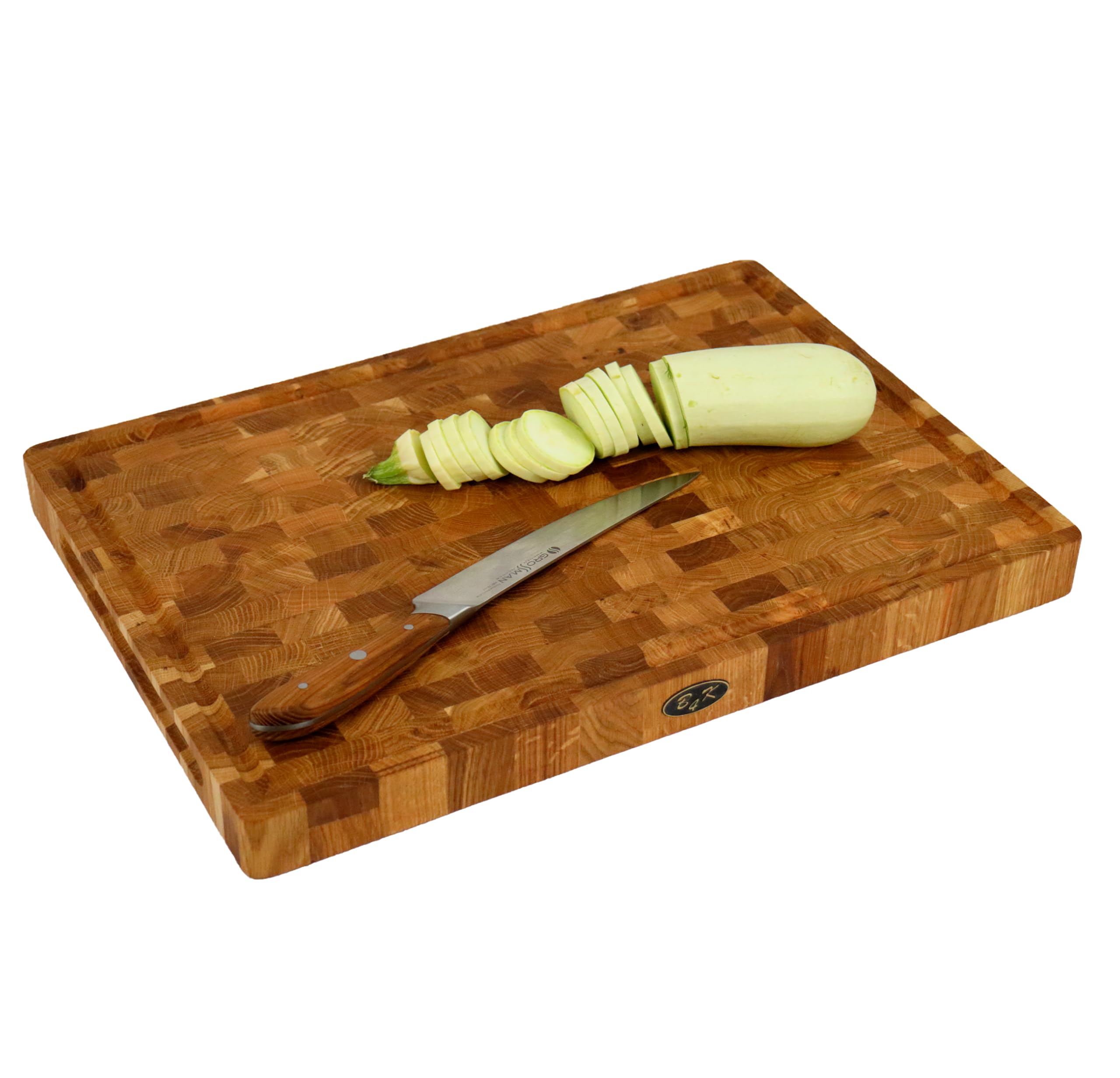 B4K® Tagliere in Legno di Quercia, 50 × 35 × 4 cm | Legno di Cervello Massiccio, Antibatterico, Con Manici, Scanalatura e Piedini in Silicone, Per Cucina, Carne e Barbecue
